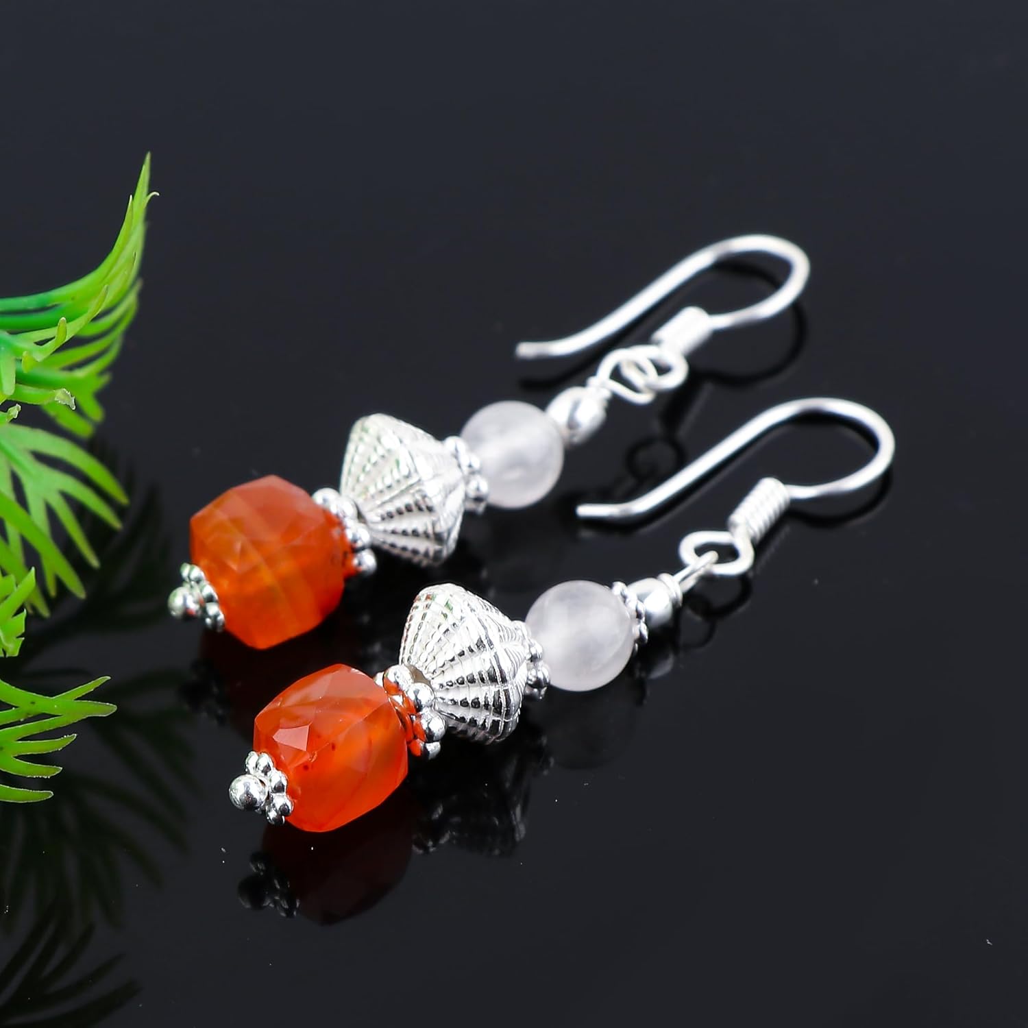 Natural Carnelian & Clear Quartz Gemstone Beads Earrings, Silver Bohomian Jewelry, Handmade Dangling Earrings, Healing Crystals, Polished Stones, Gift for Her (Approx.1.25inch) - Image 4