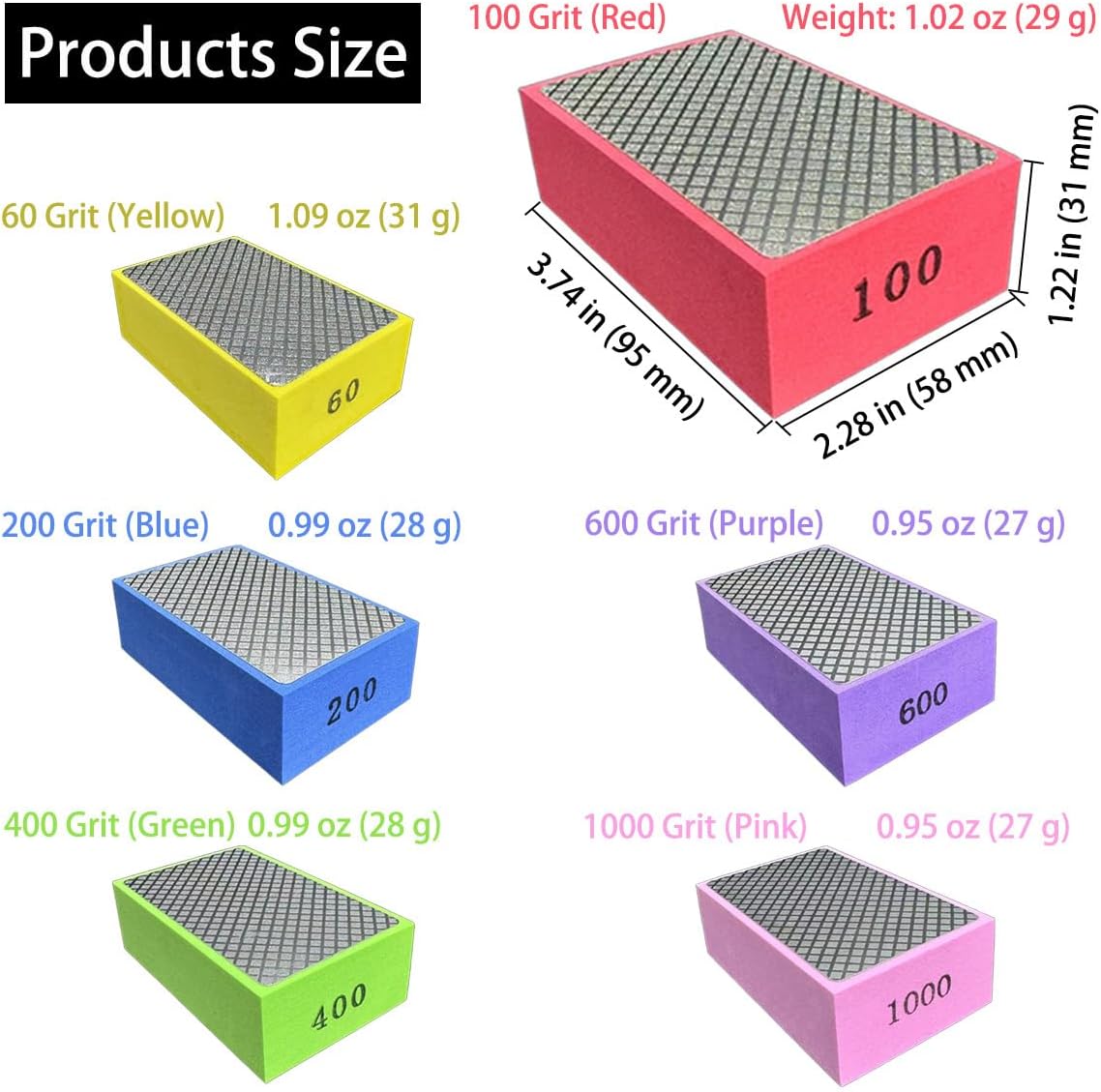 6PCS Diamond Polishing Pads Sanding Blocks 60/100/200/400/600/1000 Multi-Grit Dry/Wet Hand Diamond Sanding Pads Kit for Grinding Ceramic Tile Glass Stone Metal Wood