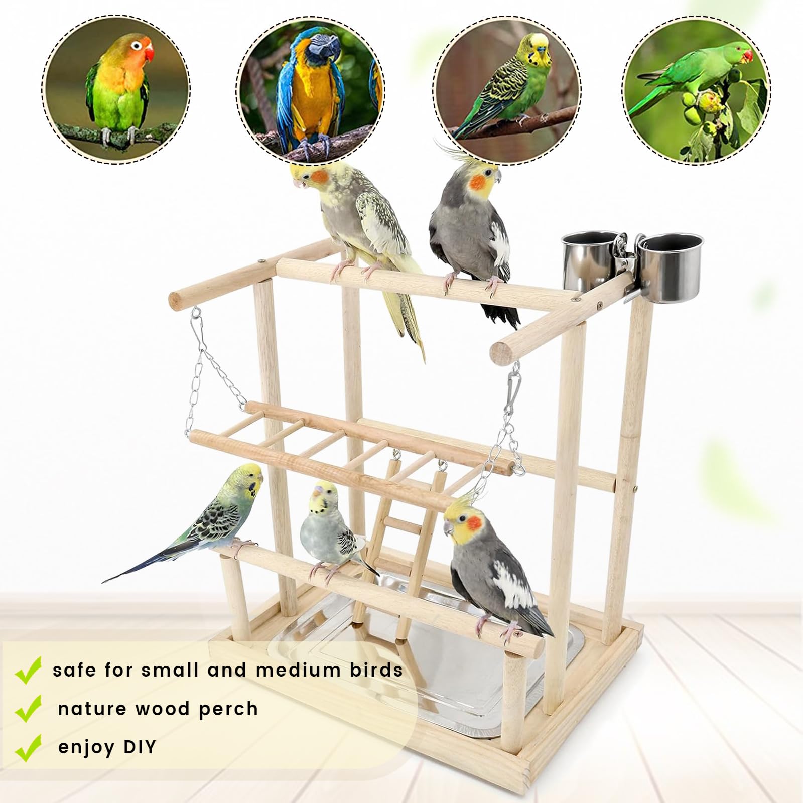 Parque de Juegos para Pájaros Gimnasio para Aves Stand Área de Juego con Soporte Perchas Columpio Escalera Bandeja para Agapornis, Loros, Madera, Tamaño 40x26x45.5 CM — view 5