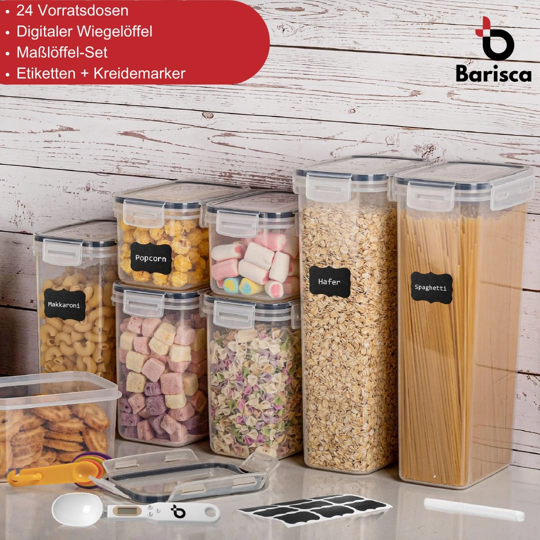 Juego de 24 cajas de almacenamiento de cocina con cuchara digital para guardar cereales, herméticos, sin BPA, caja de plástico de 42 litros con tapa