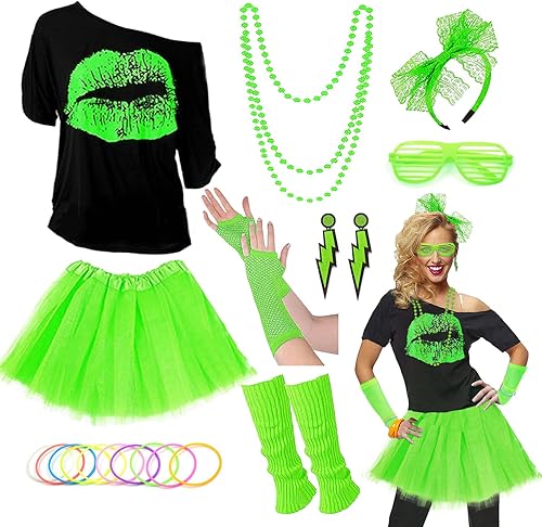 Disfraz mejorado de los años 80 para mujer, conjunto de accesorios de disfraz de fiesta de los años 80 con camiseta, falda tutú, cintura, etc
