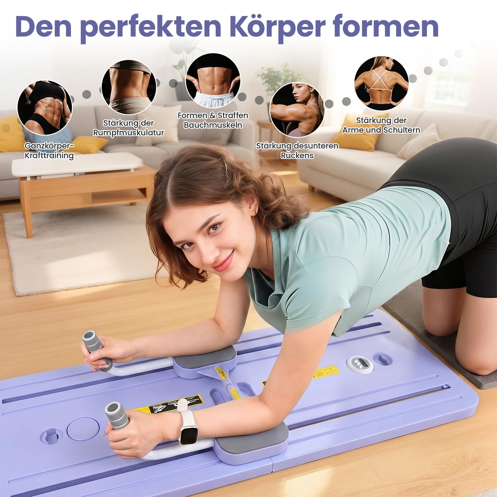 Pilates Reformer Compact 5 en 1 - Pliable - Avec compteur LED - Rouleau à rebond automatique - Planche abdominale multifonction pour la maison et la salle de sport (violet avec poignée)