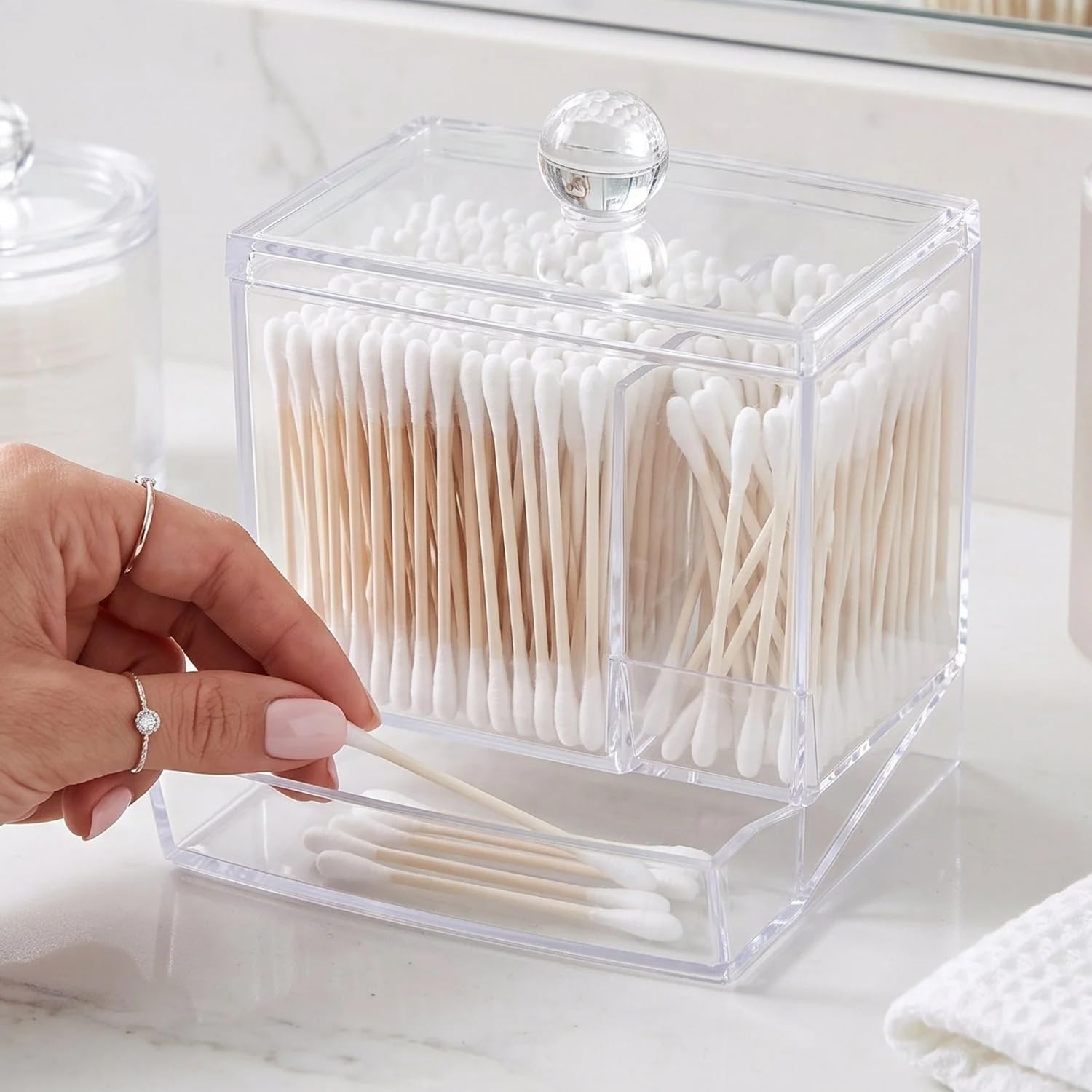 Cotton Swab Organiser Box with Lid and Pull-Out Drawer | Clear Acrylic, Dual Compartment, Vanity Countertop Use, Easy Wipe Clean, Freestanding Design-image-35
