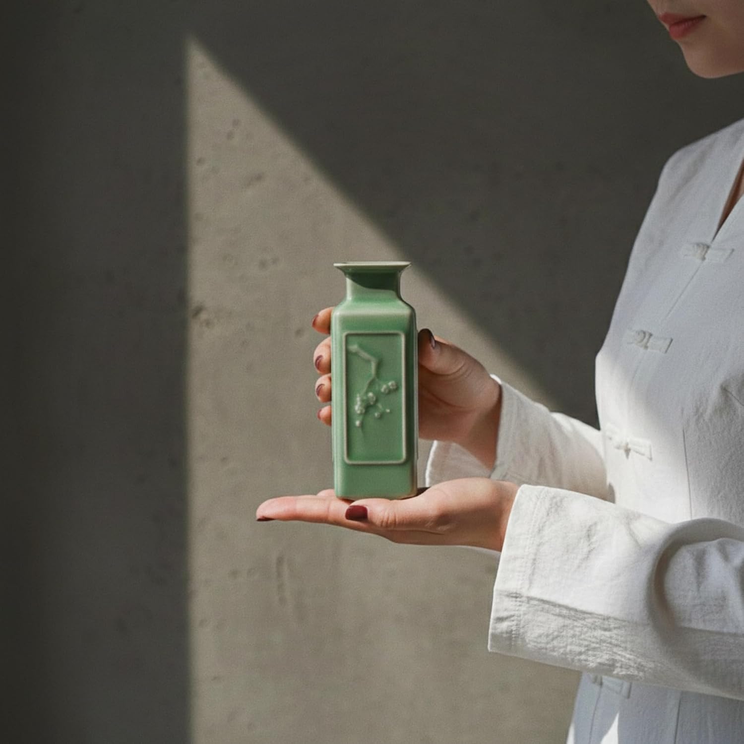 Hand-Signed Square Bud Vase - Four Gentlemen Relief Longquan Celadon - 5.5" Tall Sage Green Ceramic Flower Vase with Premium Gift Box (Artisan Crafted)