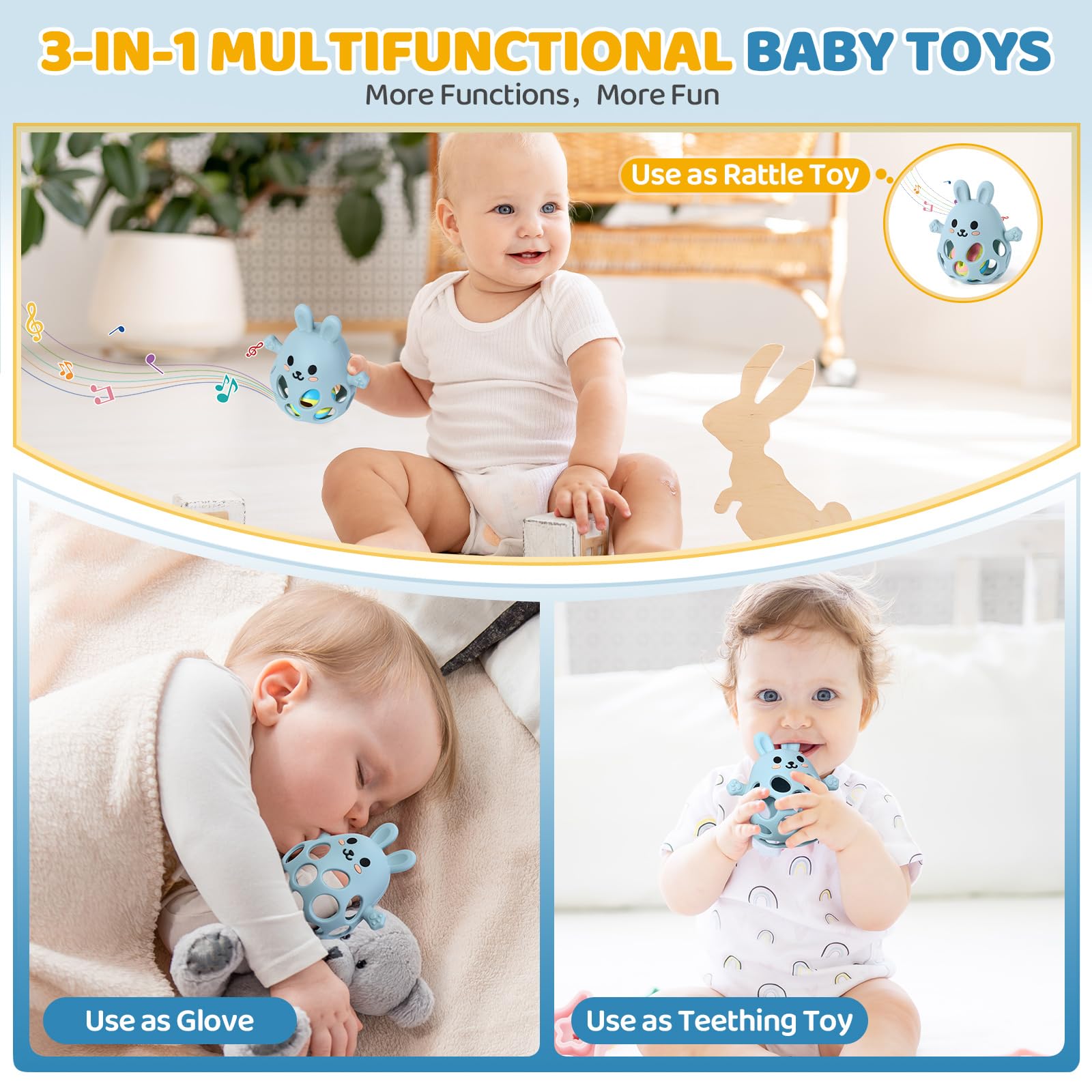 Orzbow Multiuso Massaggia Gengive Neonati Freezer, Silicone Sonaglio Neonato 0-3-6-9 mesi, Giochi Montessori con Design Openwork, Leggeri, Traspiranti, Facile Impugnare & Pulire, Blu Grigiastro