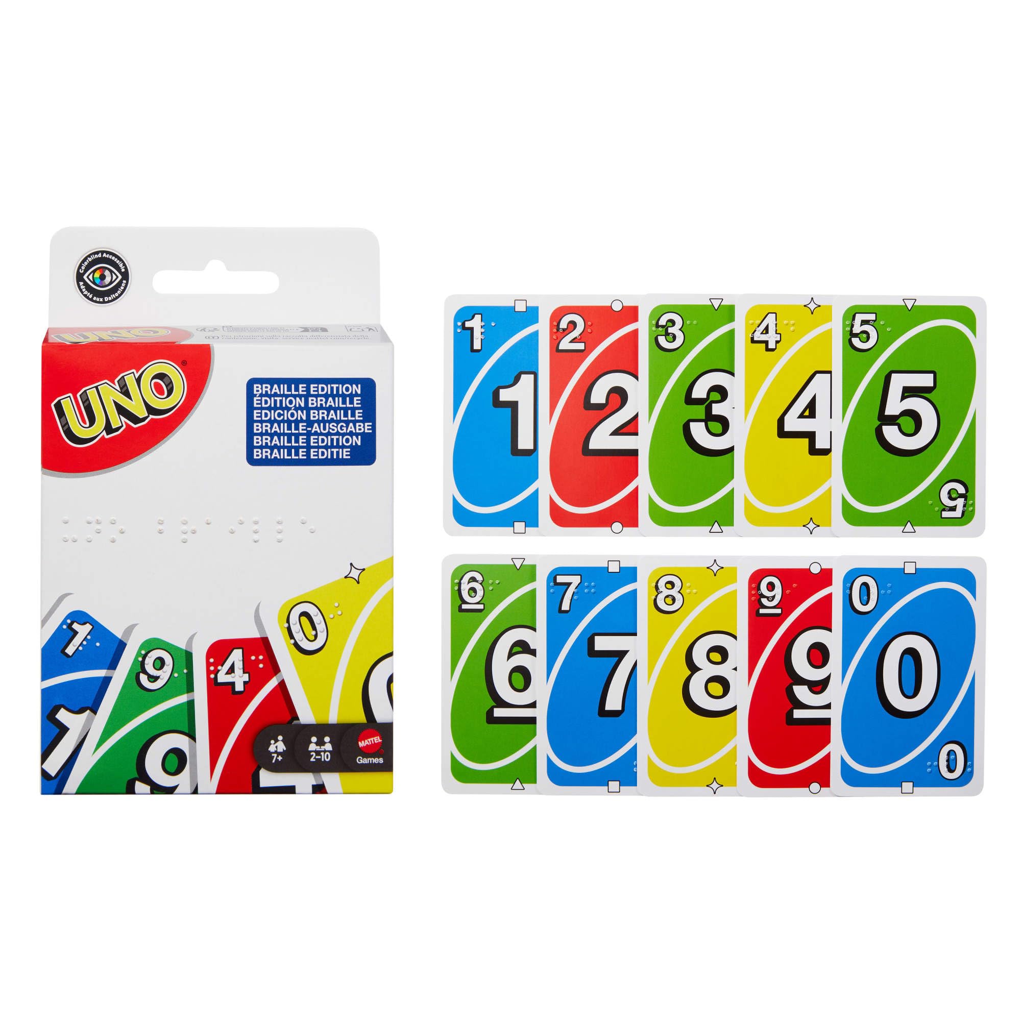 Mattel Games - UNO Braille, l'iconico gioco di carte in una versione speciale con un mazzo appositamente progettato per giocatori non vedenti o ipovedenti, 7+ anni, JMK87
