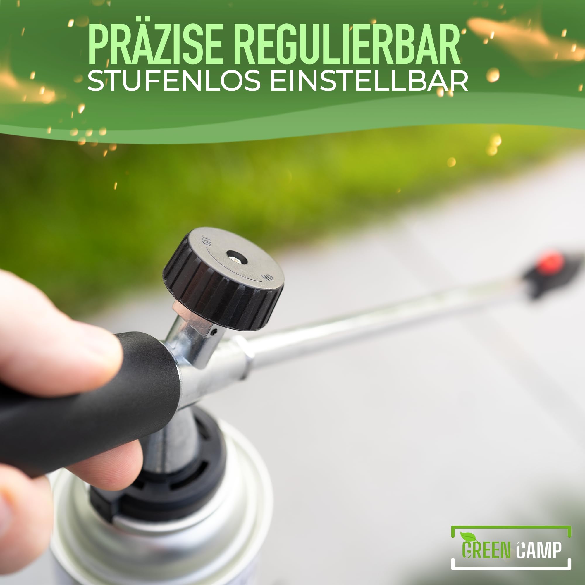 GREENCAMP® Unkrautbrenner [1100°] mit Piezozündung – Abflammgerät zur effektiven Unkrautbekämpfung – ergonomischer Unkrautvernichter mit regulierbarer Flamme – inkl. 12 Gaskartuschen (12 Kartuschen)