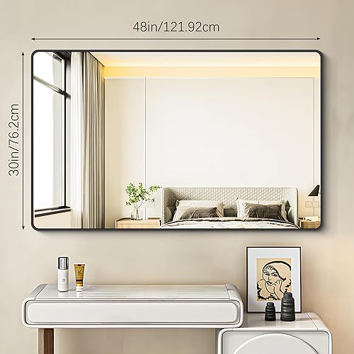 Miniatura 6 de Espejo de baño de 30 x 48 pulgadas, espejo rectangular negro, marco de baño montado en la pared, espejo de tocador con esquina redonda para