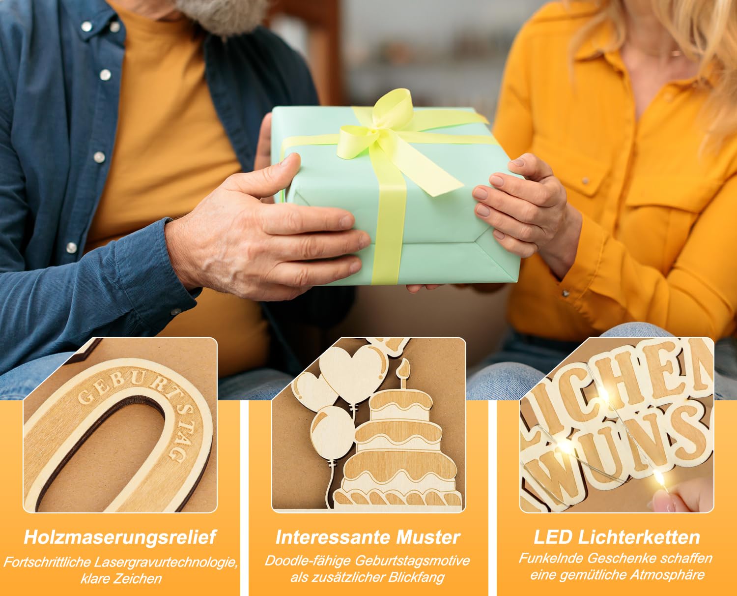 Regalo Di Legno Per 50° Compleanno Con Luci LED | Cartello Porta Banconote E Candele, Personalizzabile, 29x21 Cm