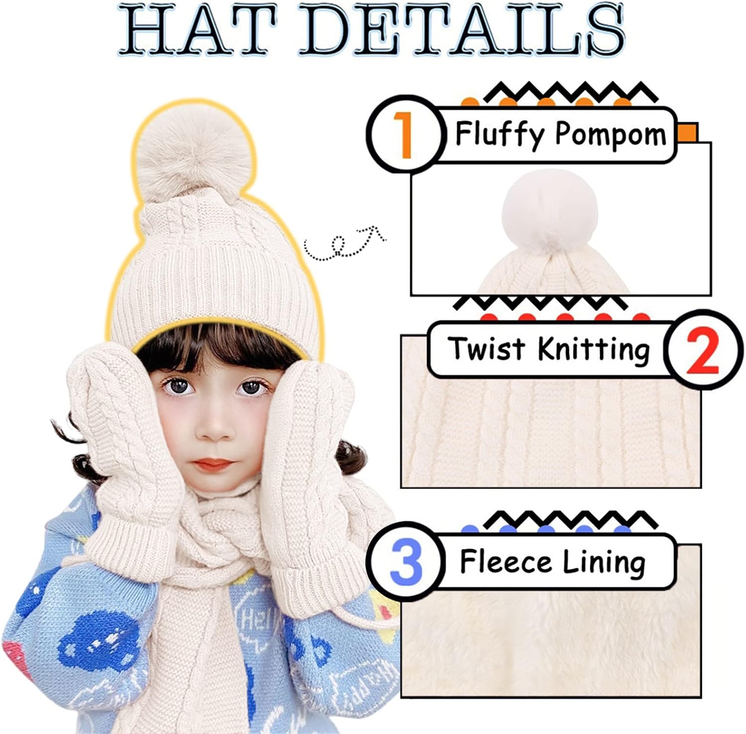 Kids Winter Hat Scarf Mittens Set Toddler Knitted Beanie Girls Fleece Children Neck Warmer Boys Warm Gloves 2-7 Years - Image 2