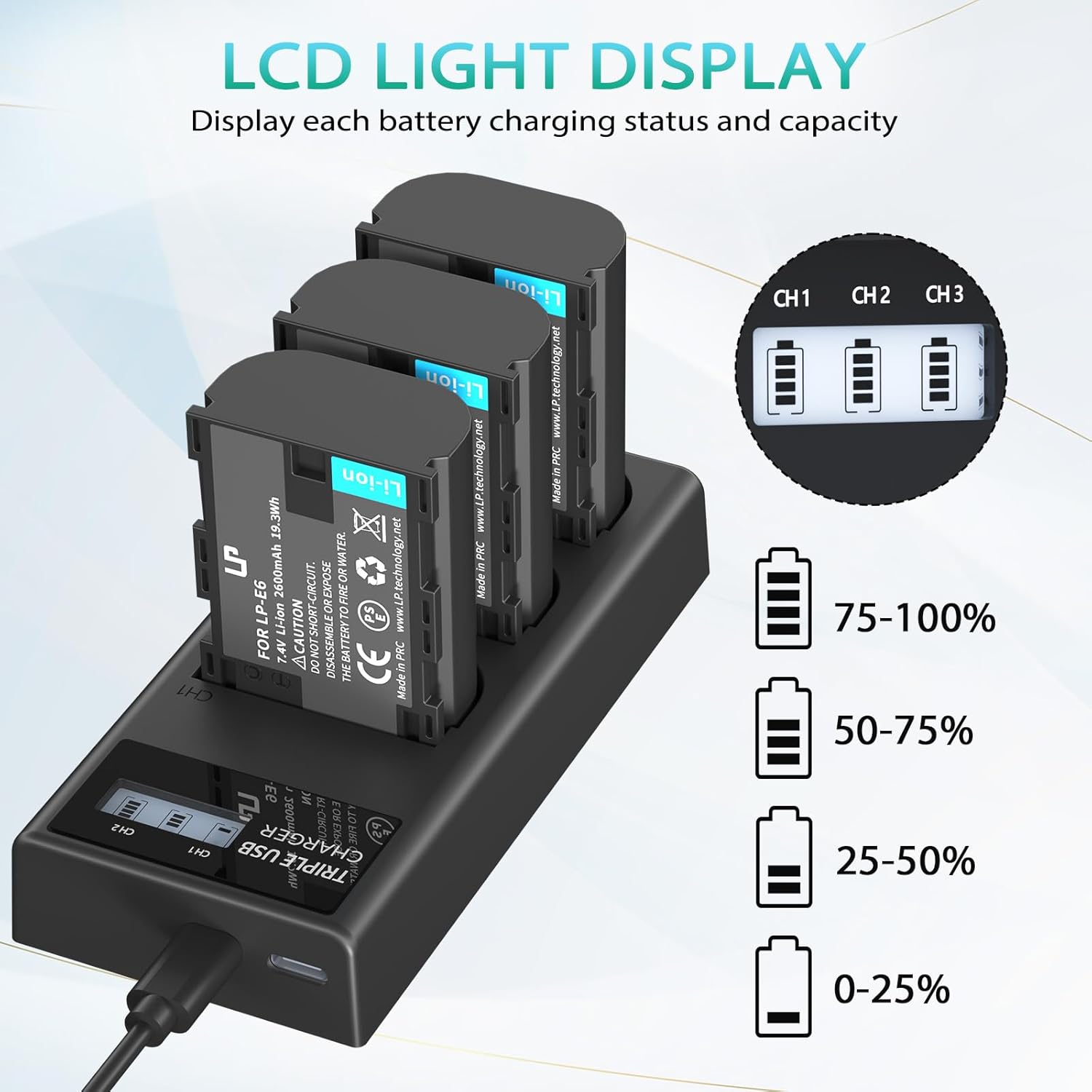 LP LP-E6 LPE6N Battery Charger Pack, 3-Pack Battery+Triple Slot Charger Compatible with Canon EOS R6 R5 R 90D 80D 70D 60D 60DA 6D 6D Mark II 5D Mark II/III/IV 5DS 5DS R 7D 7D Mark II XC15 XC10 4K/6K