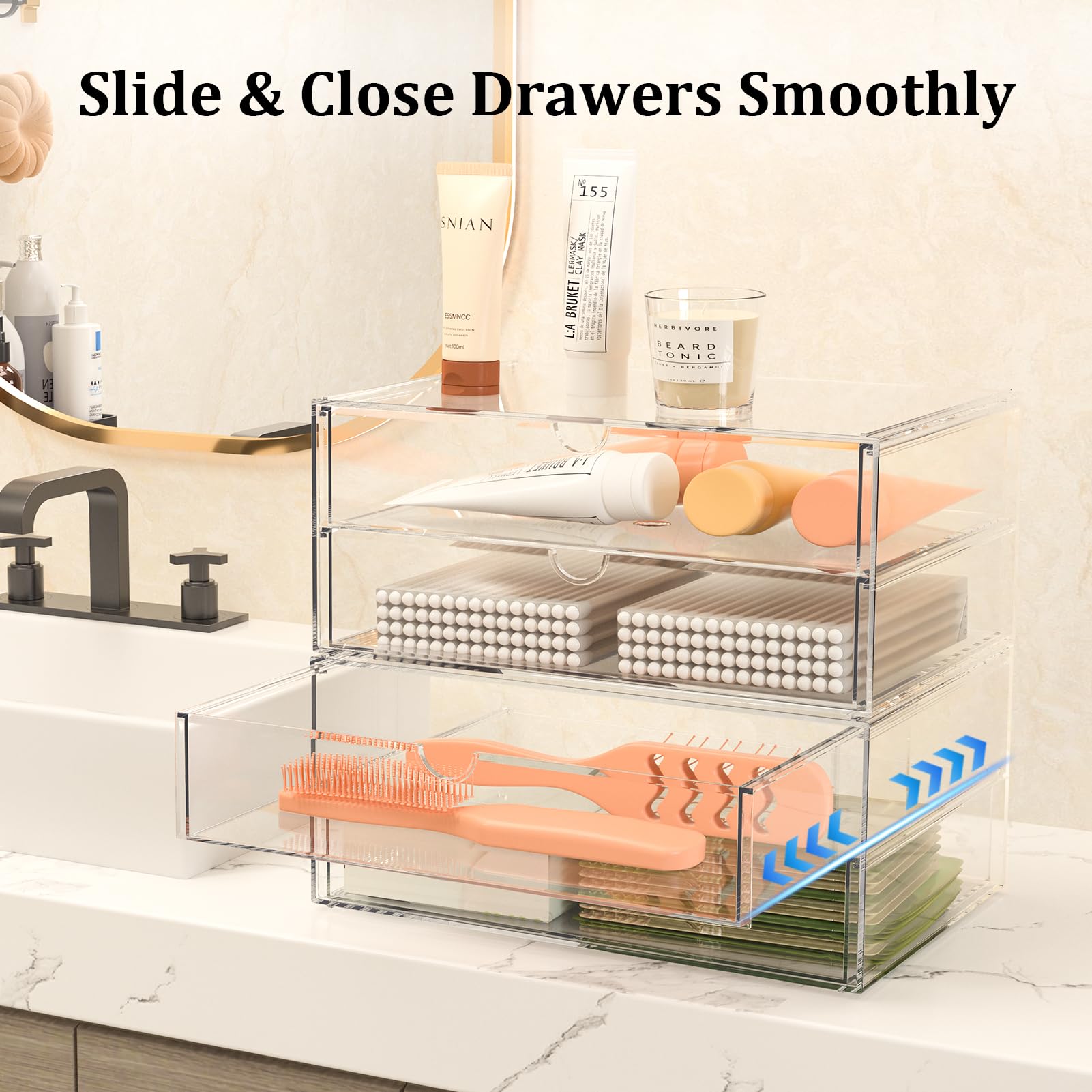 SortNStore Große Kosmetik Organizer mit 4 Breiten Schubladen 2er-Set Acryl Stapelbare Schubladenbox
