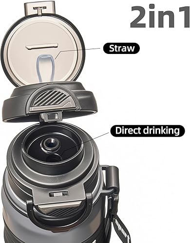 Miniatura 2 de Botella de agua aislada de 22 onzas, botella de agua para hombre con tapa 2 en 1, botella de agua de viaje, botella de agua negra, botella de agua