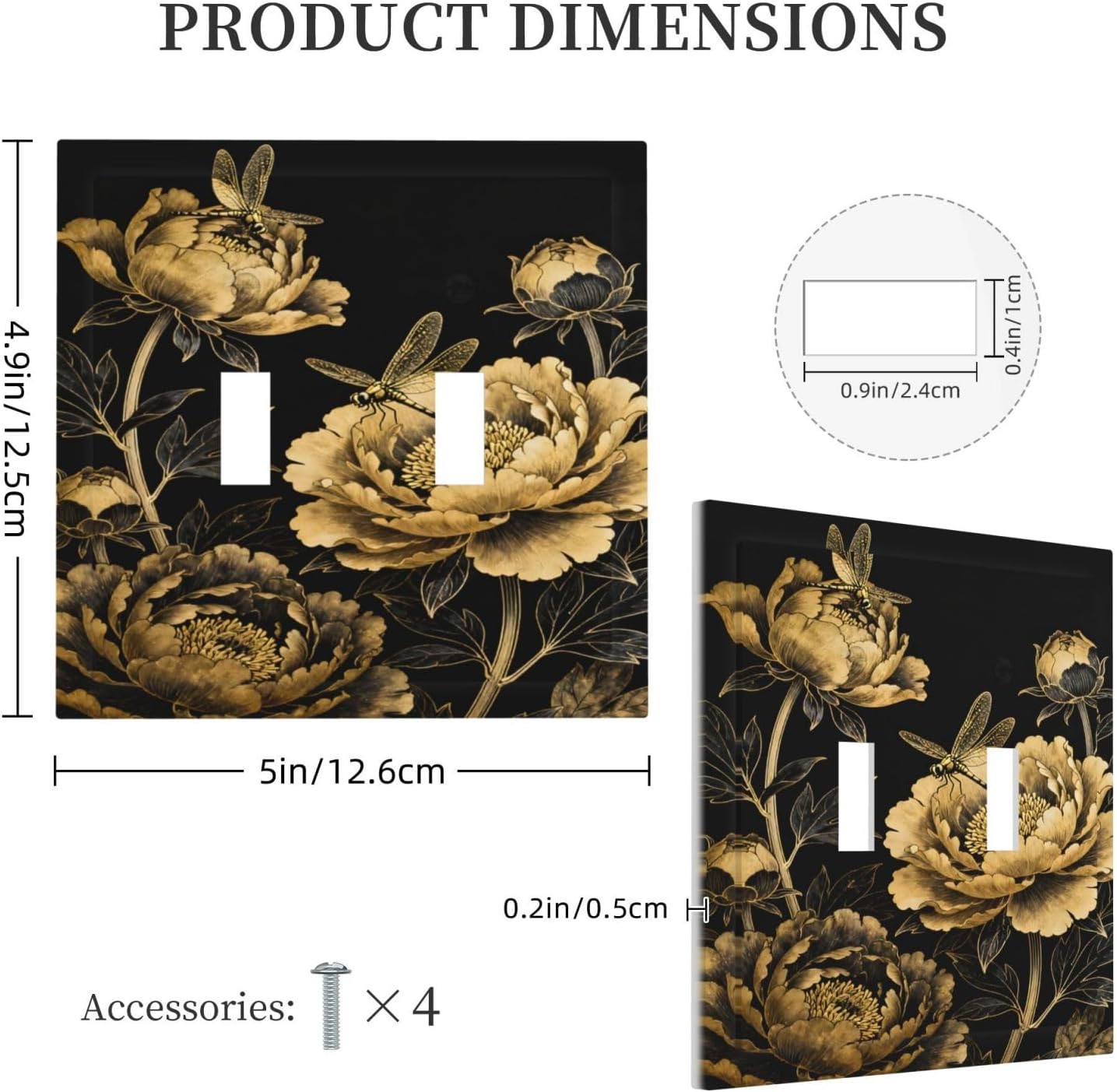 Decorative Light Switch Cover Plate Black Gold Peony Floral Dragonfly 2 Gang Outlet Covers Double Toggle Wall Plates for Electrical Outlets Switch Plate Covers Faceplate for Bedroom Decor