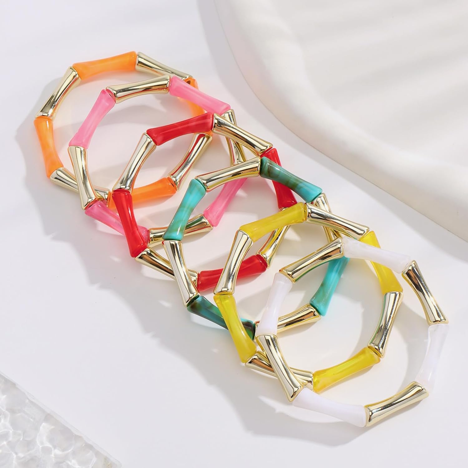 Firstmeet 3pcs Colorful Bamboo Tube Bangle Bracelets Stacking Chunky Acrylic Beads Stretch Gold Bracelet for Women - Image 3