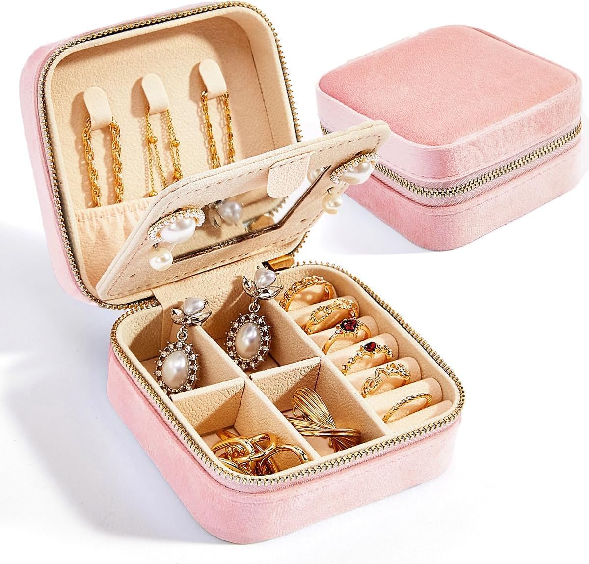 PHCOMRICH Small Jewelry Box Travel Jewelry Organizer Jewelry Gift Box Portable Display Storage Case with Mirror for Rings Earrings Necklace Bracelets Earrings (Pink)