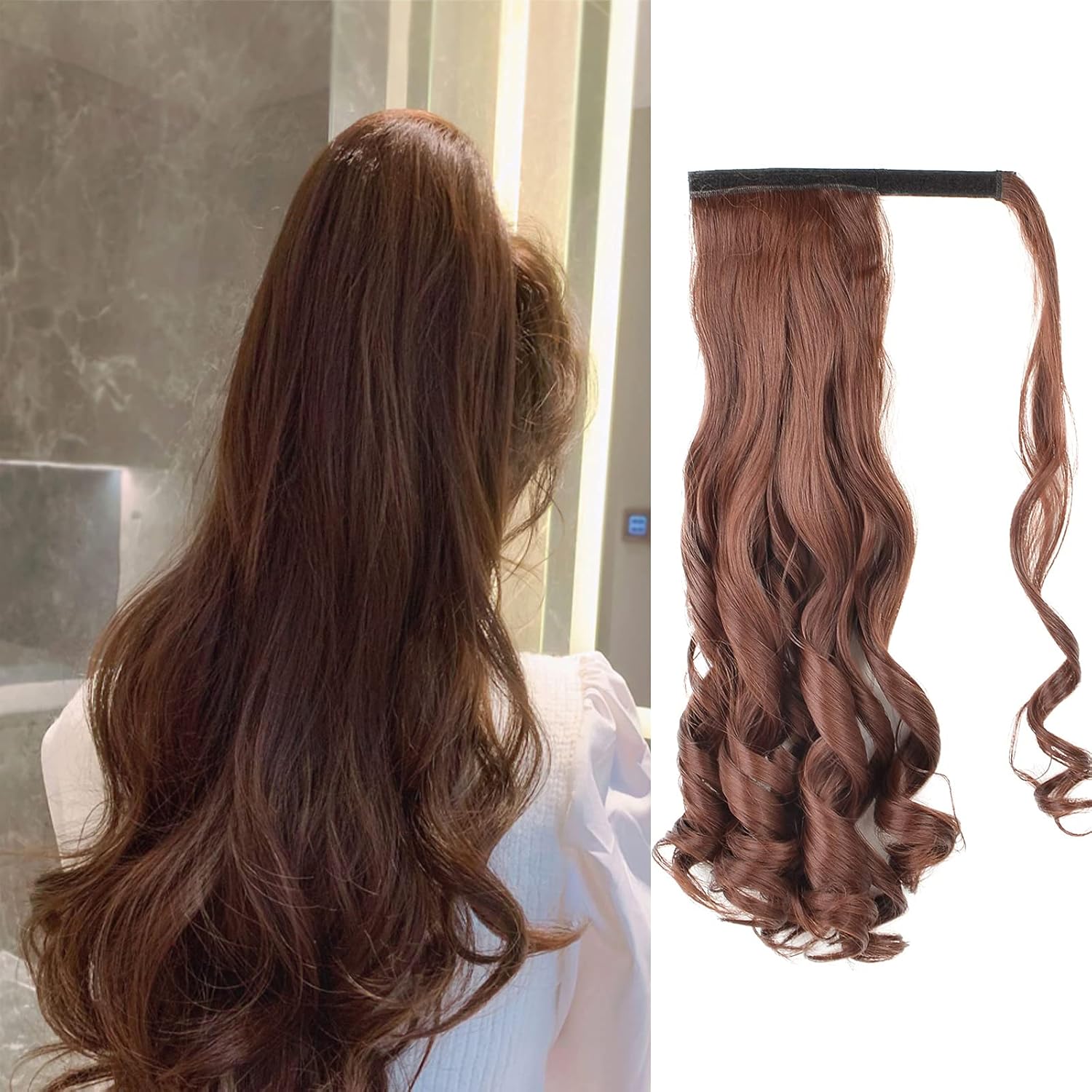 Buy 22 Inch Long Wavy Ponytail Extension Dark Auburn Brown HairPiece