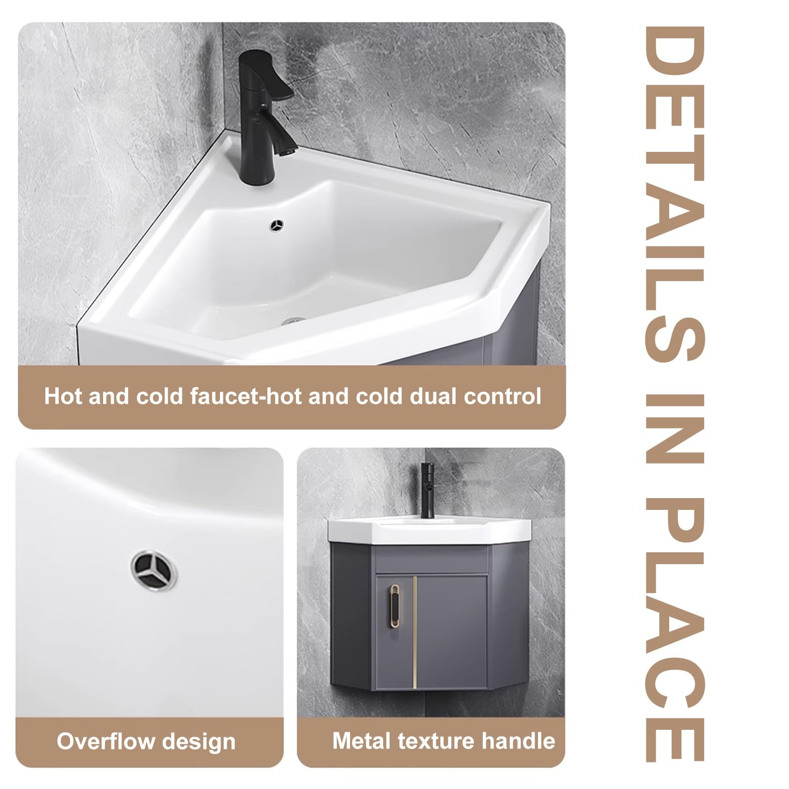 Armadietto da bagno ad angolo con lavabo e specchio a LED, mobiletto angolare per piccoli spazi, set da bagno a parete