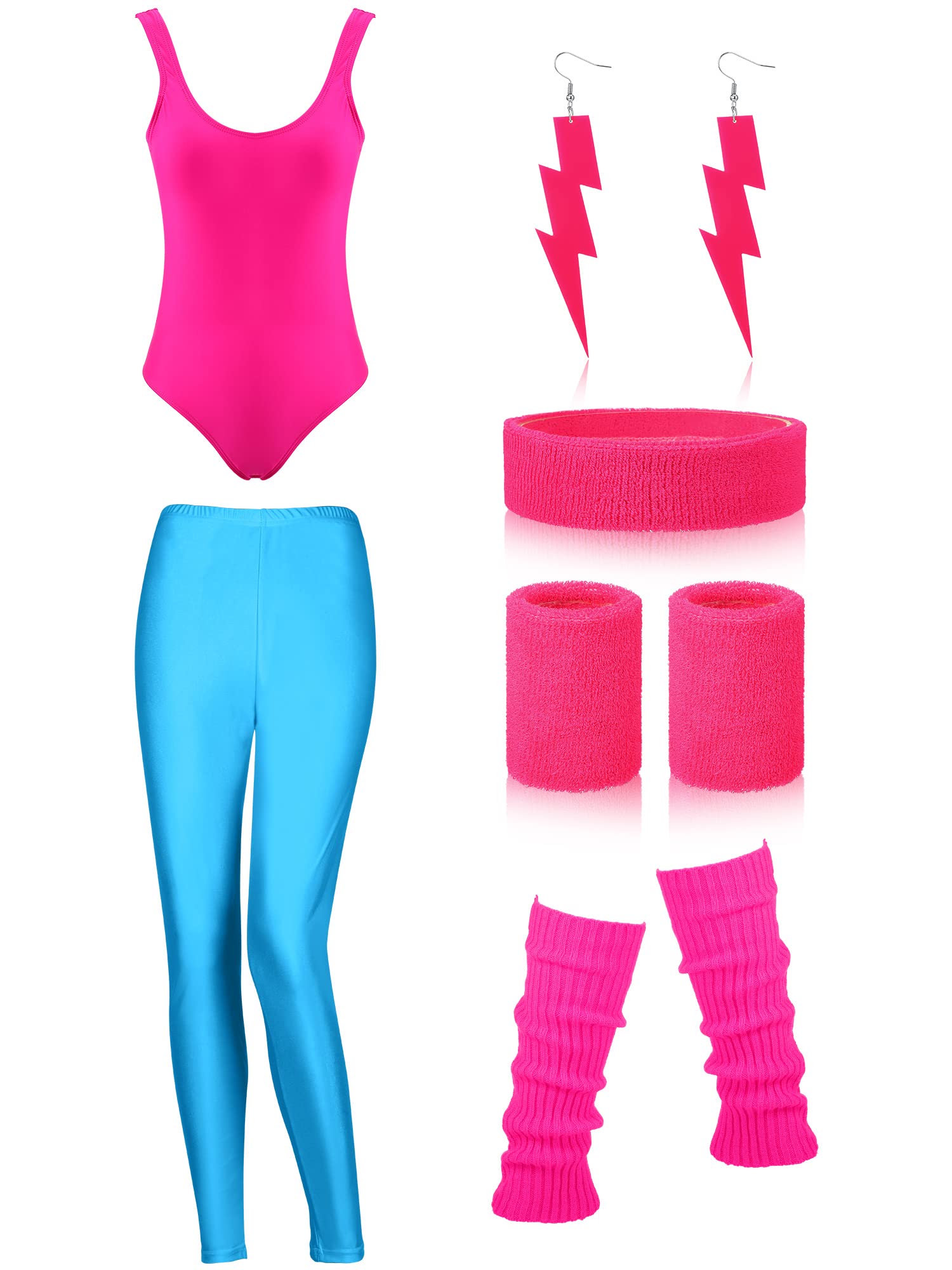 SATINIOR Women 80s Workout Costume Outfit Accessories Set Leggings Headband Wristbands Leg Warmers Earrings for Party Sport (Rose Red, Fluorescent Blue, Large)