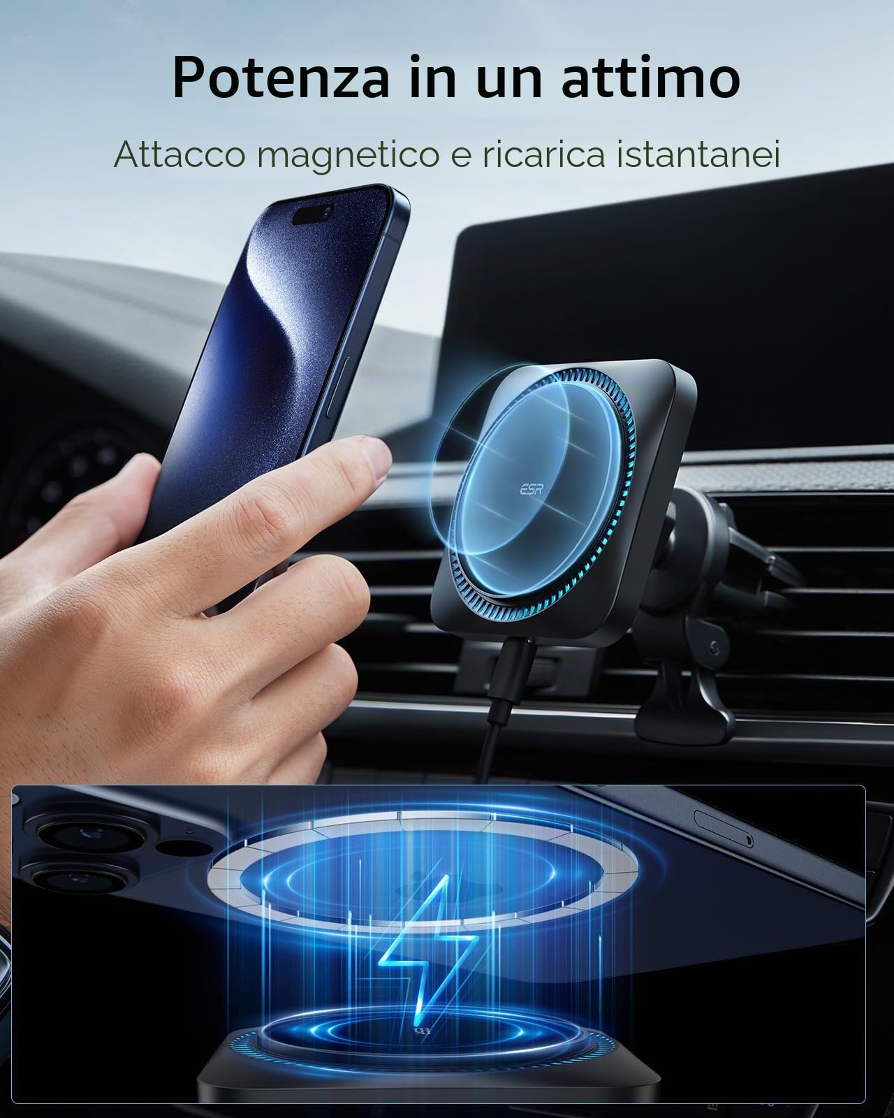 ESR HaloLock Caricatore Wireless per Auto con CryoBoost, Compatibile con iPhone 17/17e/16/15/14/13/12, S26/S25, MagSafe e Le Custodie Magnetiche, Ricarica Veloce, Ventola di Raffreddamento, Nero Opaco