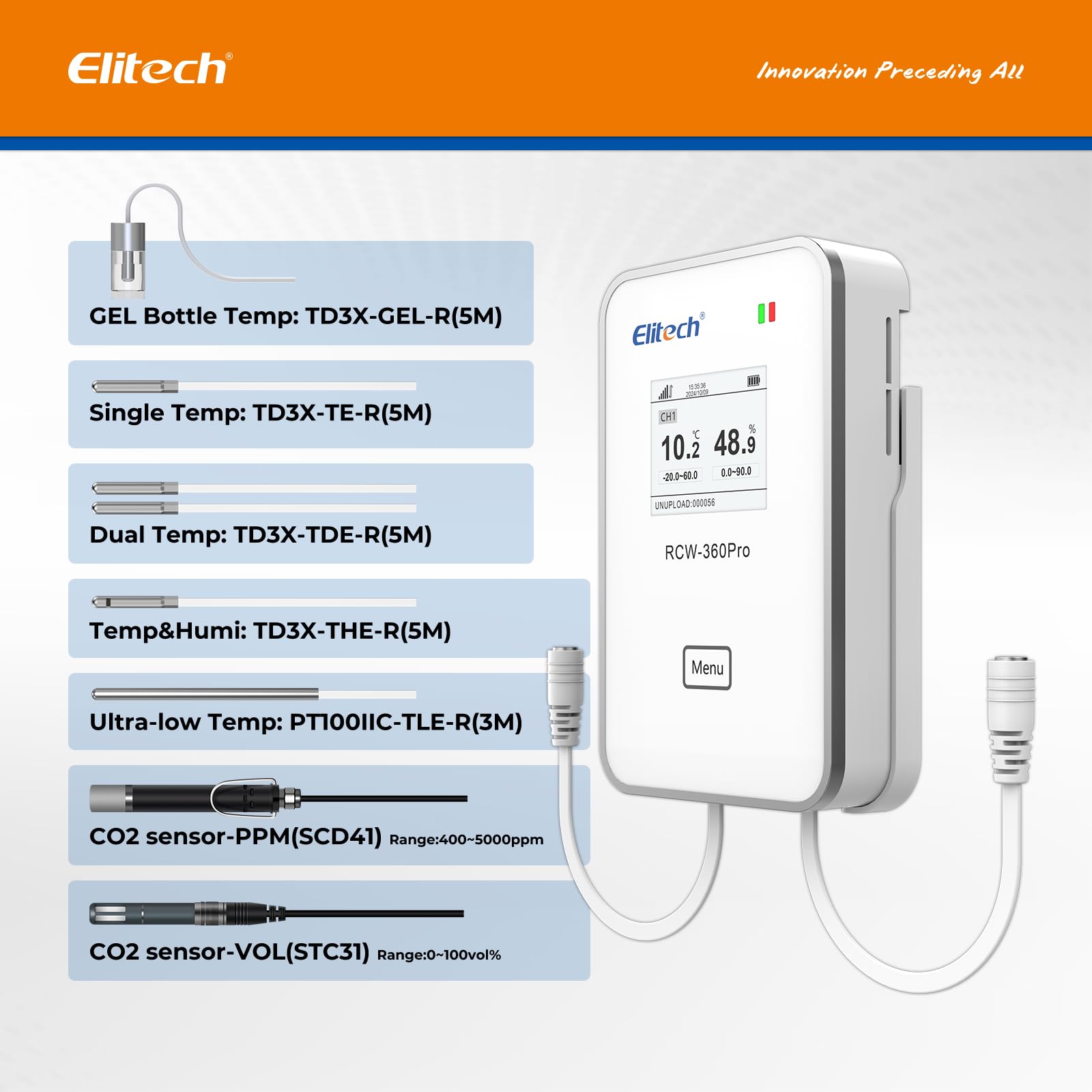 Elitech Rejestrator temperatury 4G w czasie rzeczywistym, rejestrator danych z 2 portami do wymiennych czujników, przechowywanie w aplikacji w chmurze, bez czujników ani karty SIM, RCW-360Pro-DC