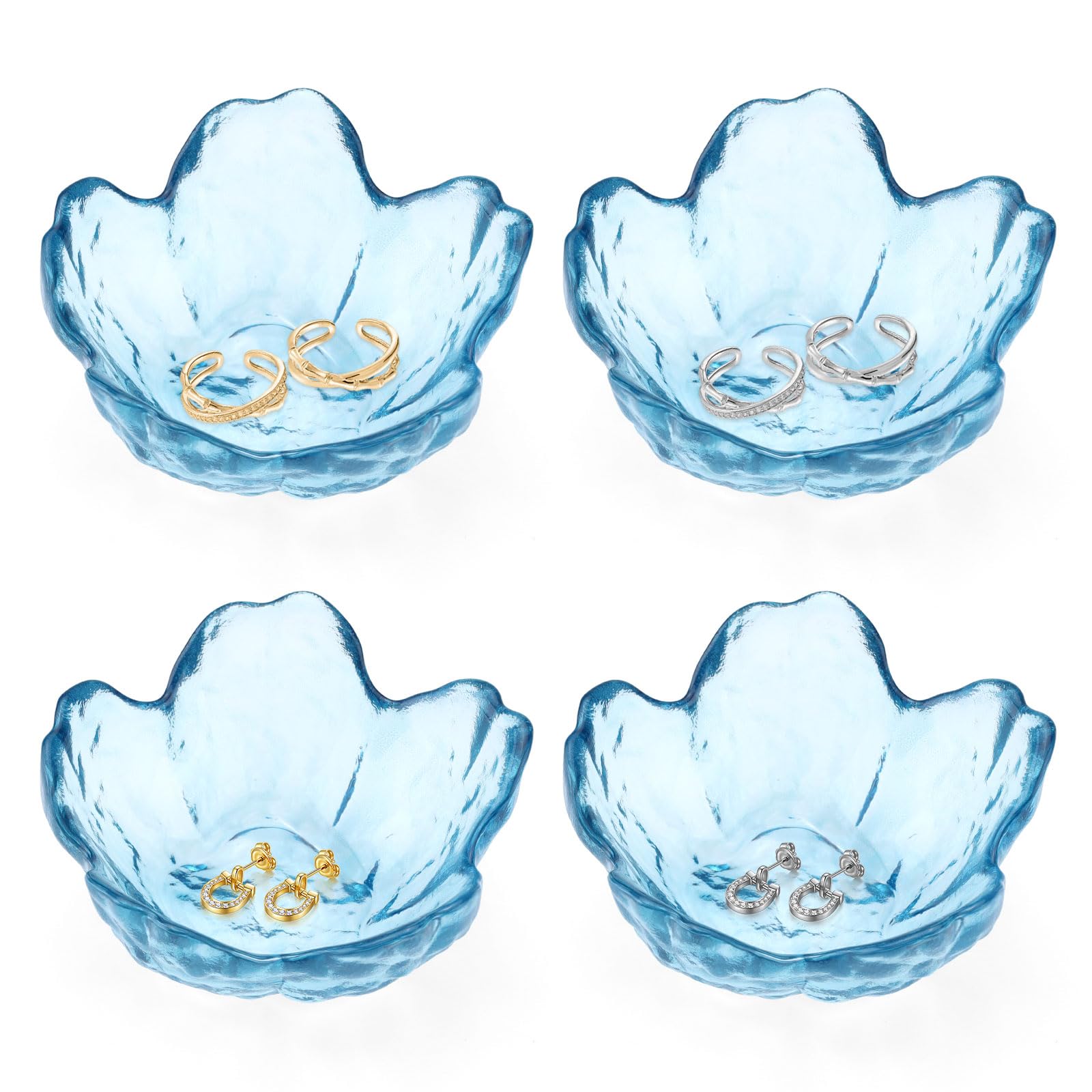 Modixun 4 Pack Ring Dish Jewelry Tray, Small Glass Trinket Dish, Decorative Aesthetic Ring Holder Plate Bowl for Women Ring Earring Bracelet for Vanity Nightstand (Crystal Blue)