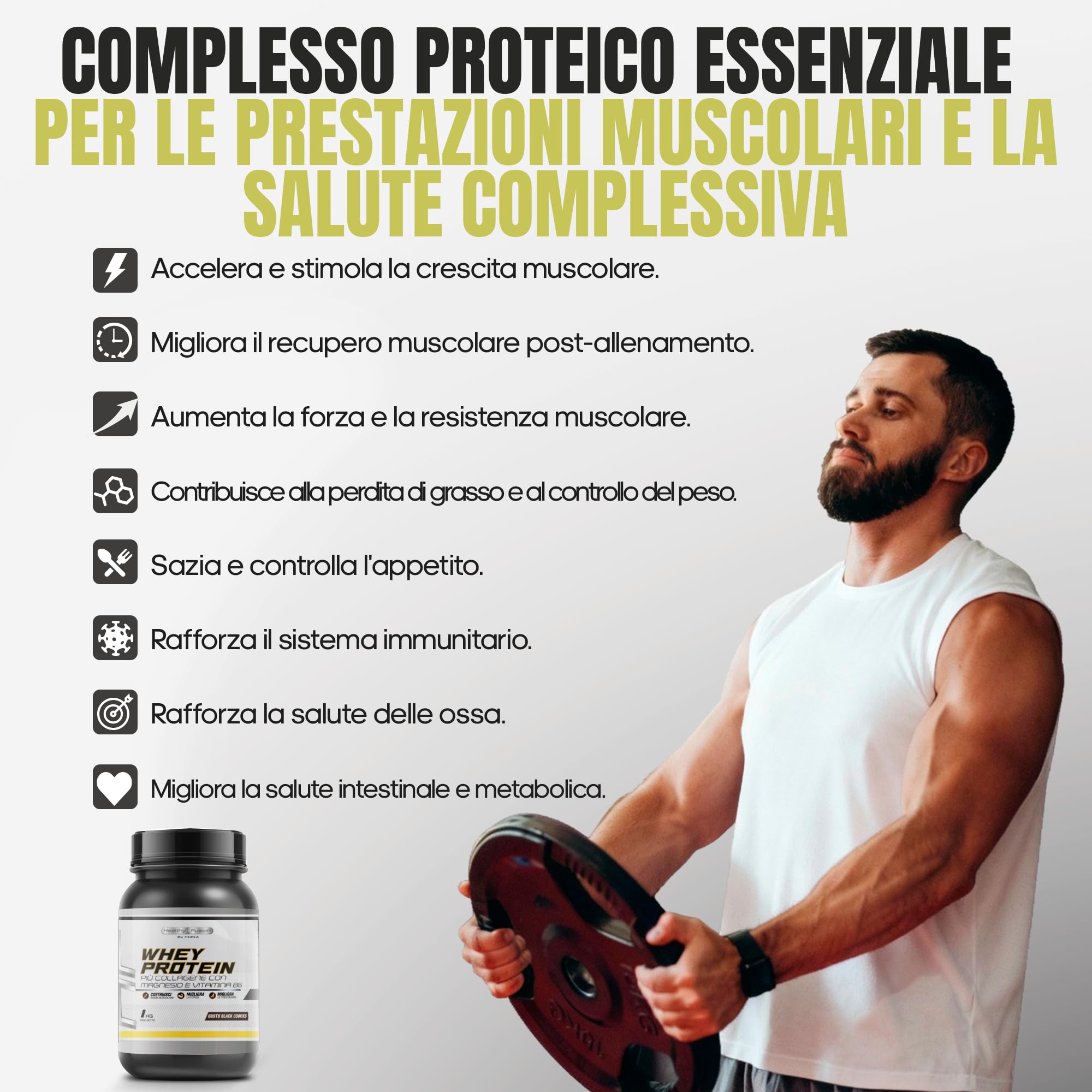 Whey Protein in Polvere Healthy Fusion | Proteina Premium 100% Pura + BCAAS + Aminoacidos | Alto Contenuto Proteico | Maggiore Crescita Muscolare, Recupero e Benessere Generale | Gusto Biscotti 1kg