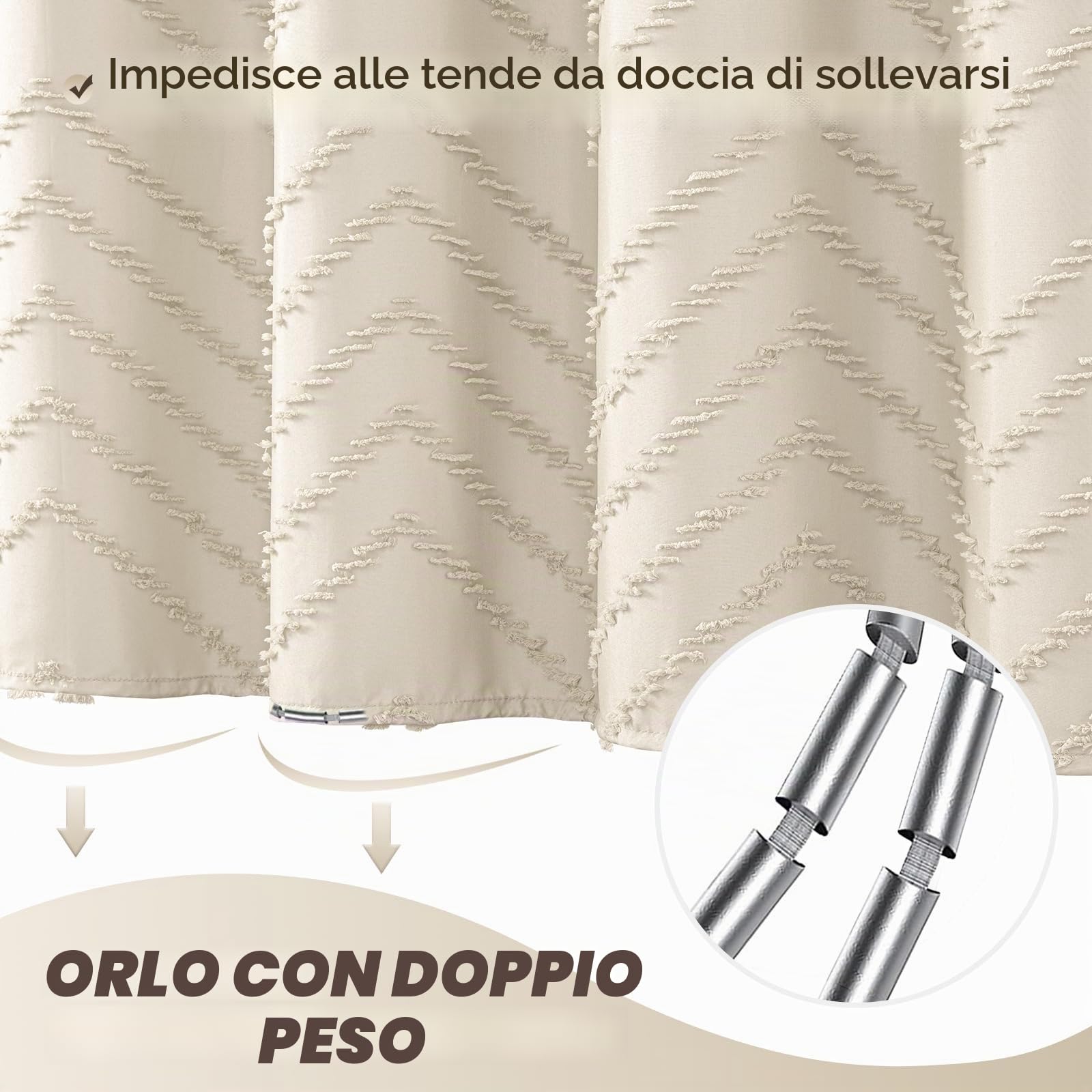 Tenda da doccia in stile bohémien, 183 x 182 cm, moderna, stile bohémien, chic, trapuntata, a righe, minimalista, in tessuto beige, crema