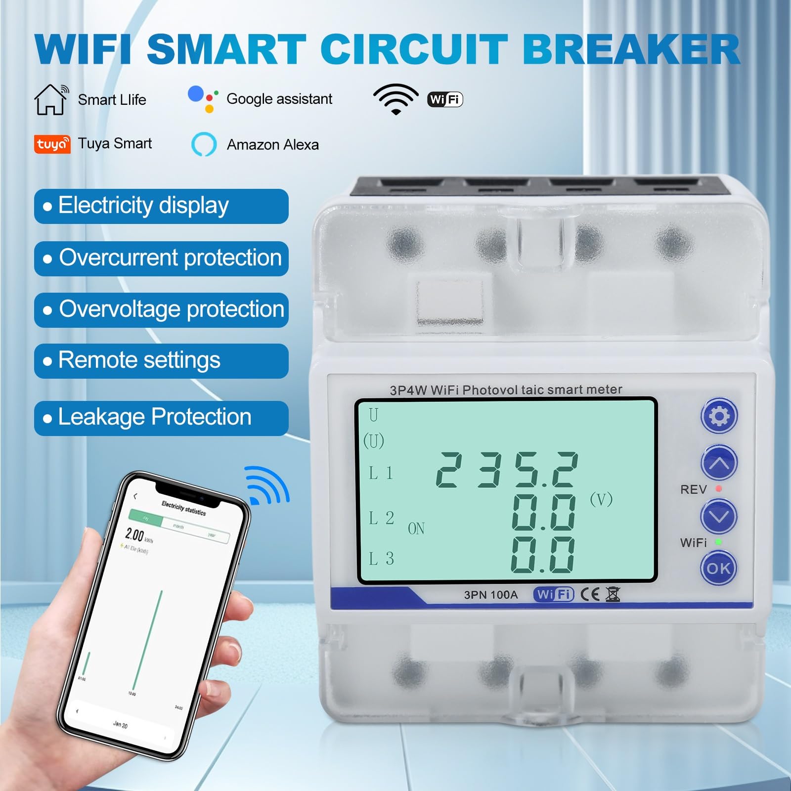 Jadeshay WiFi Smart Electric Meter 100A 380V Energy Monitor Din Rail Circuit Breaker 3 Phase 4 Wire Photovoltaic Electricity Usage Monitor Remote Control via APP Over Under Voltage Protector - Image 2