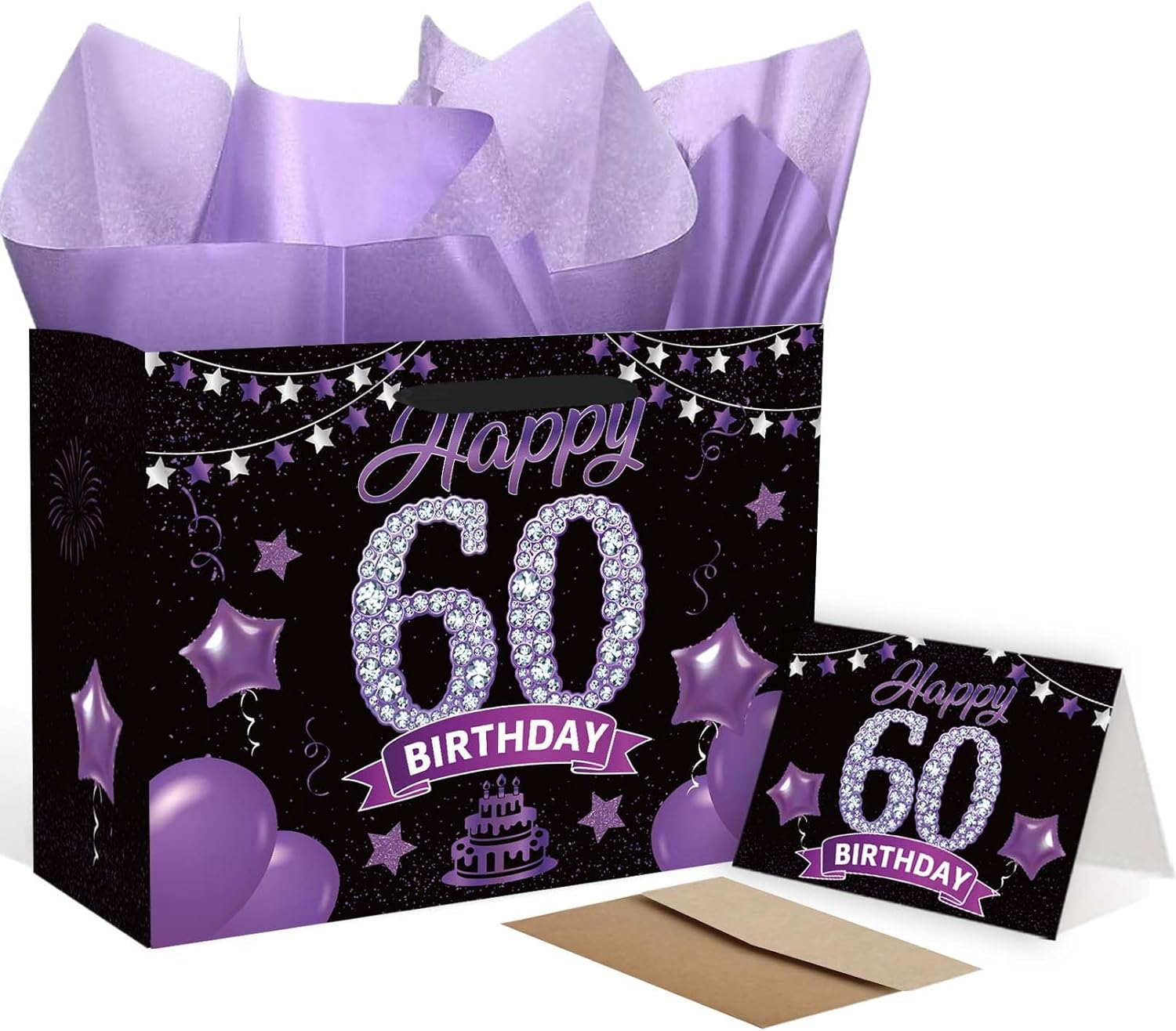 SolarGlory Black Purple 60th Birthday Gift Bag With Handles Includes Greeting Card and Tissue Paper for Women Men Birthday Party Decorations Supplies Anniversary Party Favors