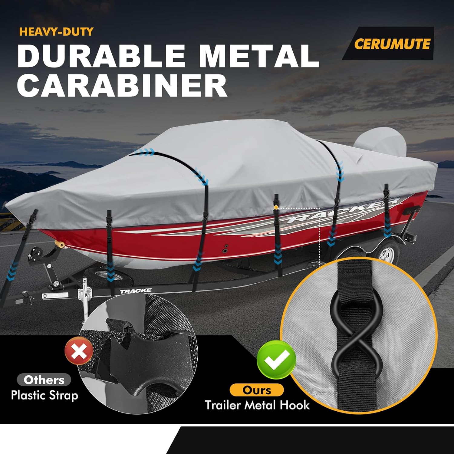 Boat Cover,Heavy Duty 1200D Waterproof Boat Covers 17-19ft with Motor Cover and Windproof Adjustable Metal Buckle Fits Bass,V-Hull,Tri-Hull,Runabout Boat,Gray