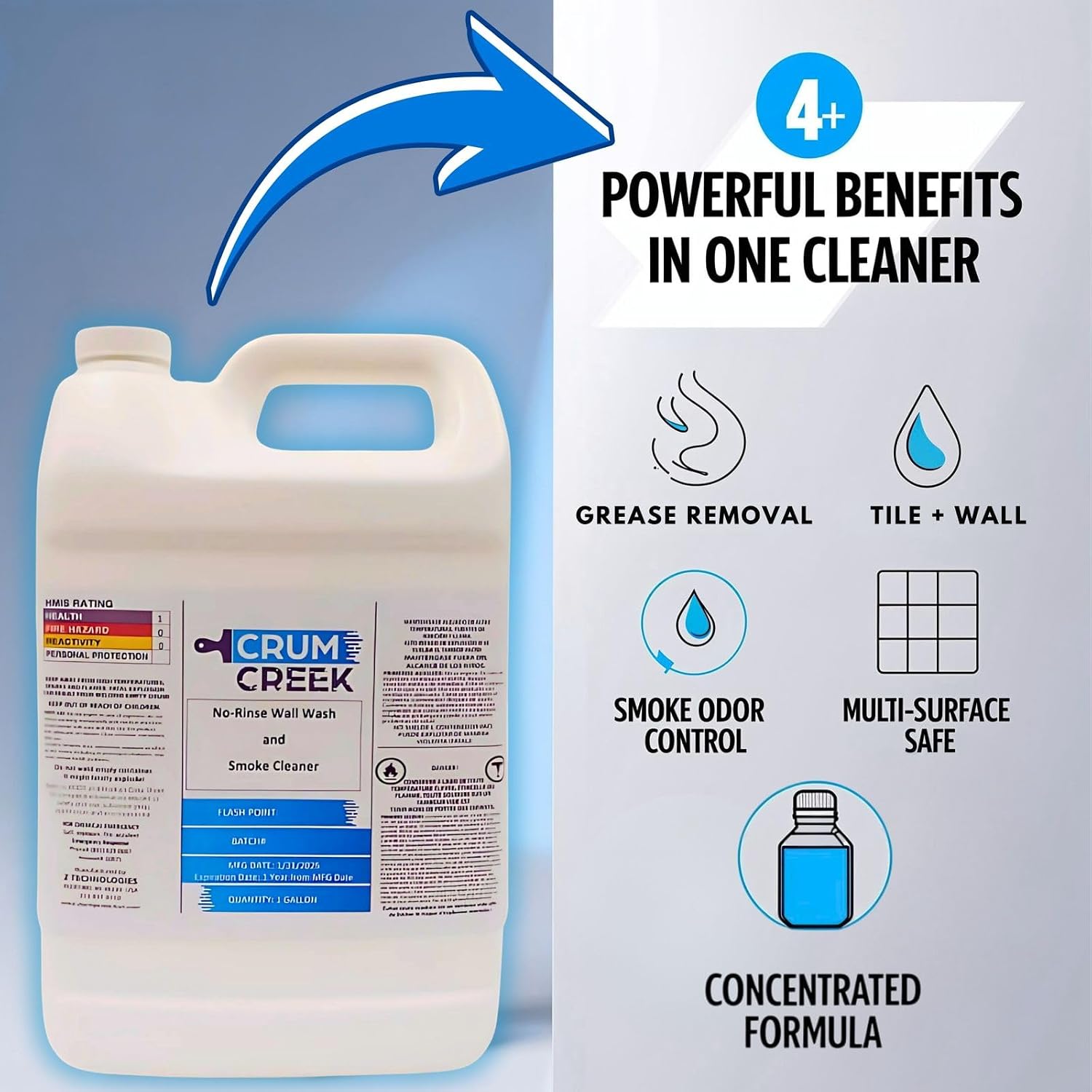 Smoke Cleaner Wall Wash, Multipurpose Degreaser for Walls and Smoke Damage, Non-Rinse, Grease and Odor Remover, Hard Surface Cleaner. 1 Gallon