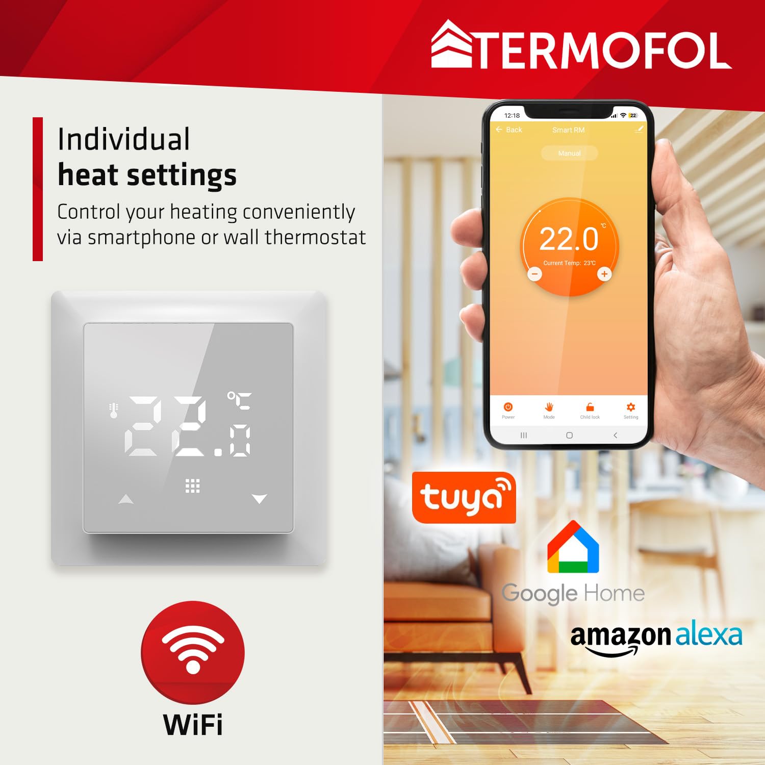 Termofol Riscaldamento Elettrico a Pavimento Set - Kit Riscaldamento con Termostato H6 Wifi Riscaldamento ausiliario Potenza 220W/m² - Superficie 3 m² Riscaldamento Elettrico a Pavimento