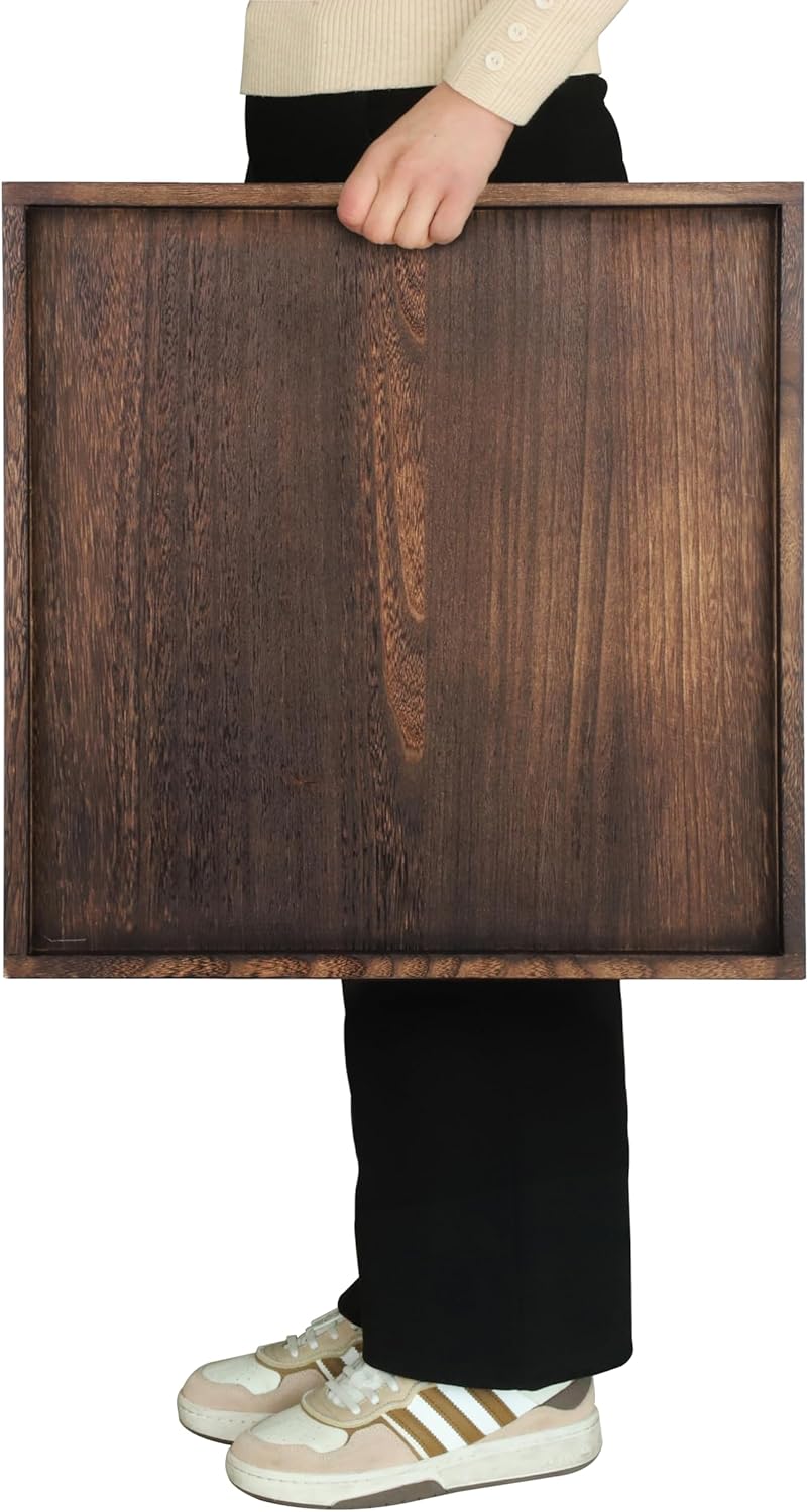 20" Rustic Wooden Serving Tray - Extra Large Square Ottoman Table Tray for Farmhouse Decorative Oversized Coffee Table Trays Living Room Kitchen Counter Breakfast Brown