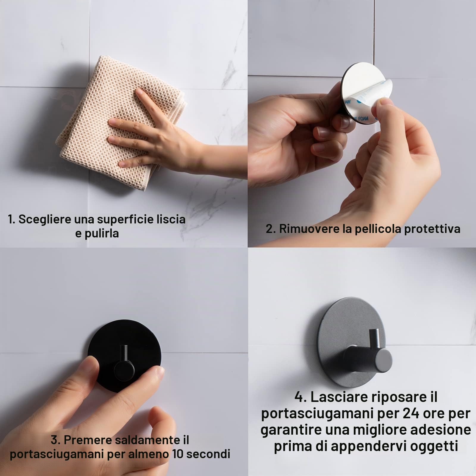 Feligio Ganci Adesivi Bagno 4 Pezzi, Appendi Accappatoio Bagno in Acciaio Inox 304, Appendi Presine Cucina per Camera da Letto Soggiorno, Nero