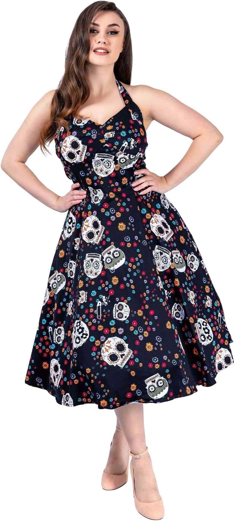 Ro Rox Maxilla Halter Dress - Retro 1950s Dress for Women - Rockabilly Skull Flower Swing Pin-up - Vintage Dress for Women