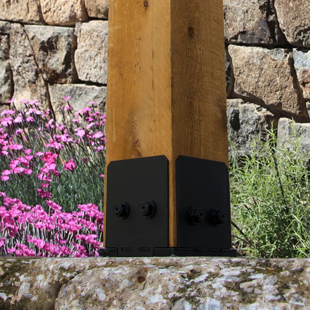 Ozco Ironwood 6x6 Post Base Kit, Includes 1 Post Base Plate, 4 Decorative Plates, 8 Hex Cap Nuts, OWT Timber Screws, Galvanized Steel for Pergolas | 56638