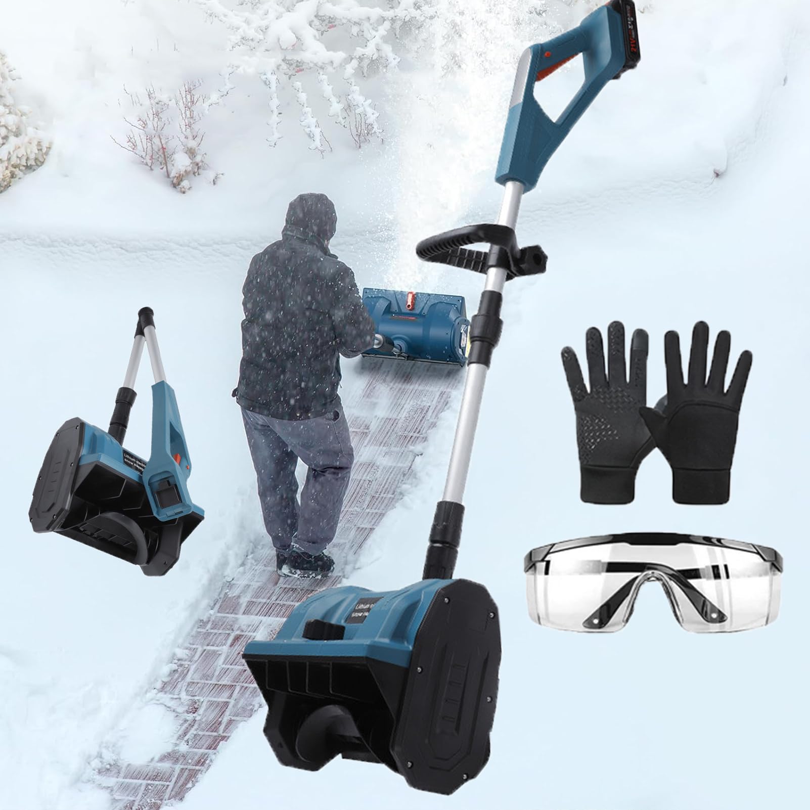 Lanzador de nieve inalámbrico eficiente con pala plegable y sistema de protección doble de seguridad