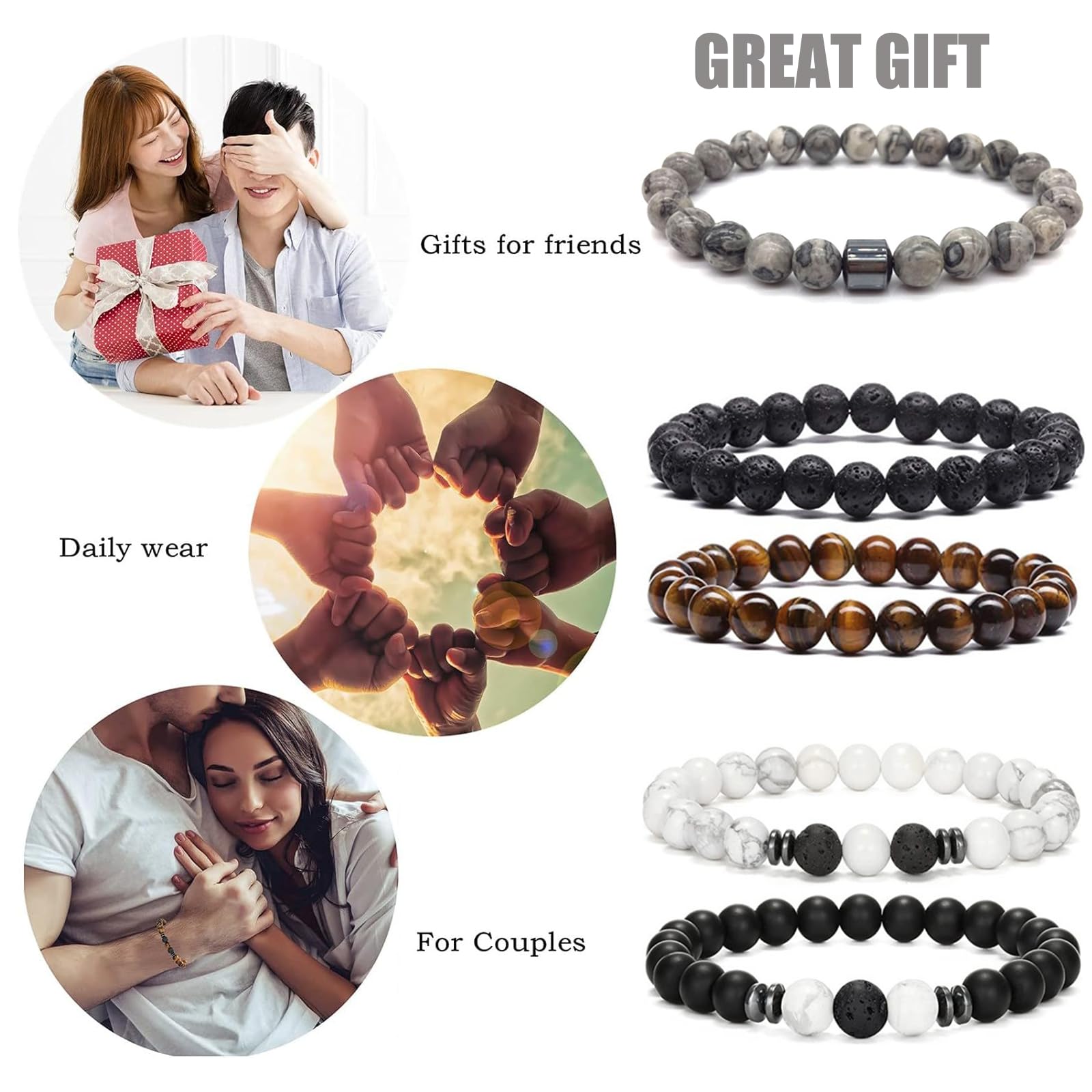 Bracciale 5 Pezzi in Pietre Naturali - Occhio di Tigre 8MM, Pietra Lavica, Ossidiana Nera - Braccialetto Gioielli per Uomo Donna Regalo Personalizzato