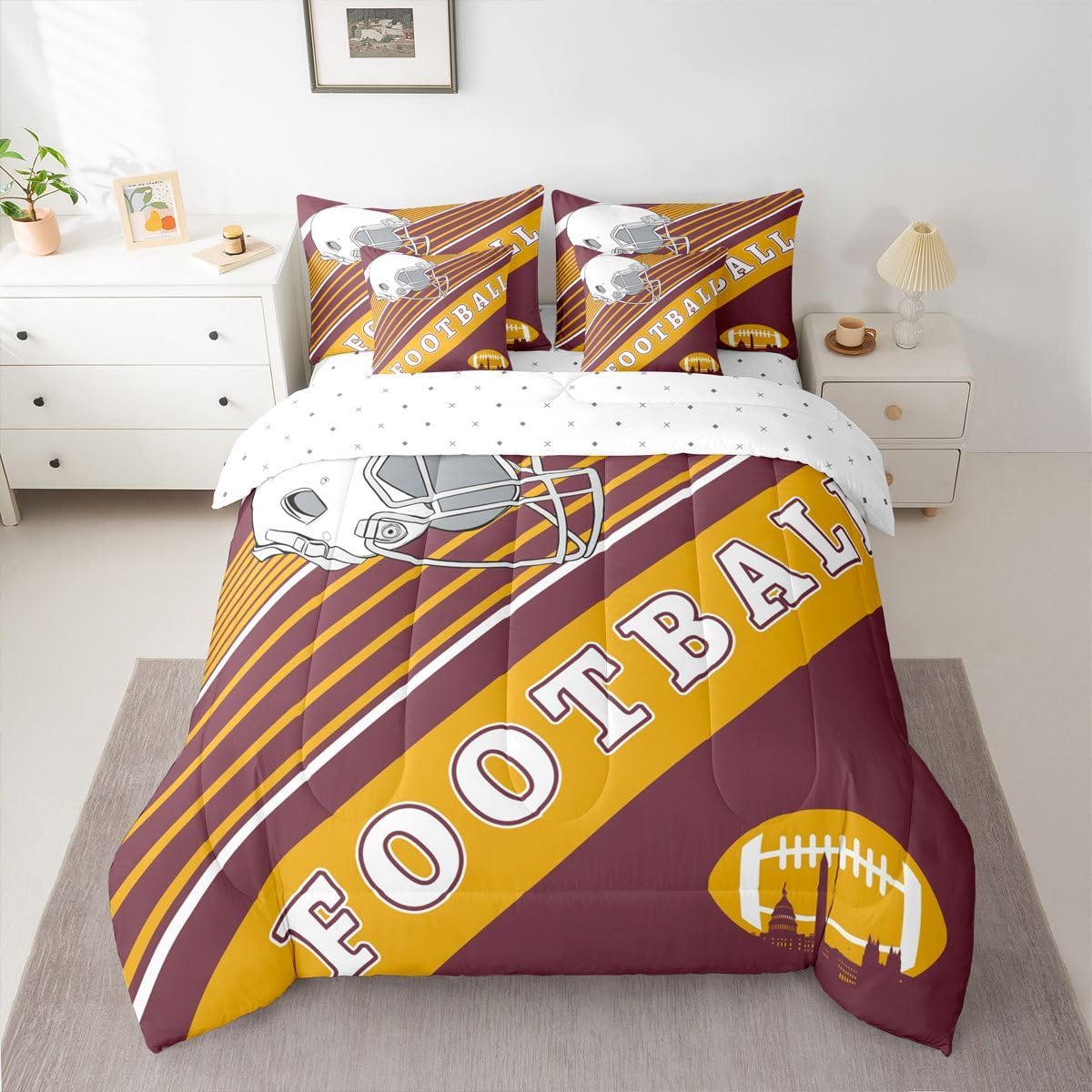Erosebridal Gridiron Comforter Set King Size Bed in A Bag, 7Pcs Rugby Sports Bedding Set with Sheets, 1 Comforter + Flat Sheet + Fitted Sheet + 2 Pillowcases + 2 Throw Pillow Covers