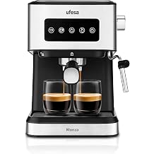 Ufesa Monza Espresso and Cappuccino Coffee Machine with 20 Bar Pressure Digital Touch Panel Swivel Steam Nozzle for Ground Coffee or E.S.E. Pads Cup Warmer Function 1050 W 1.5 L Water Tank