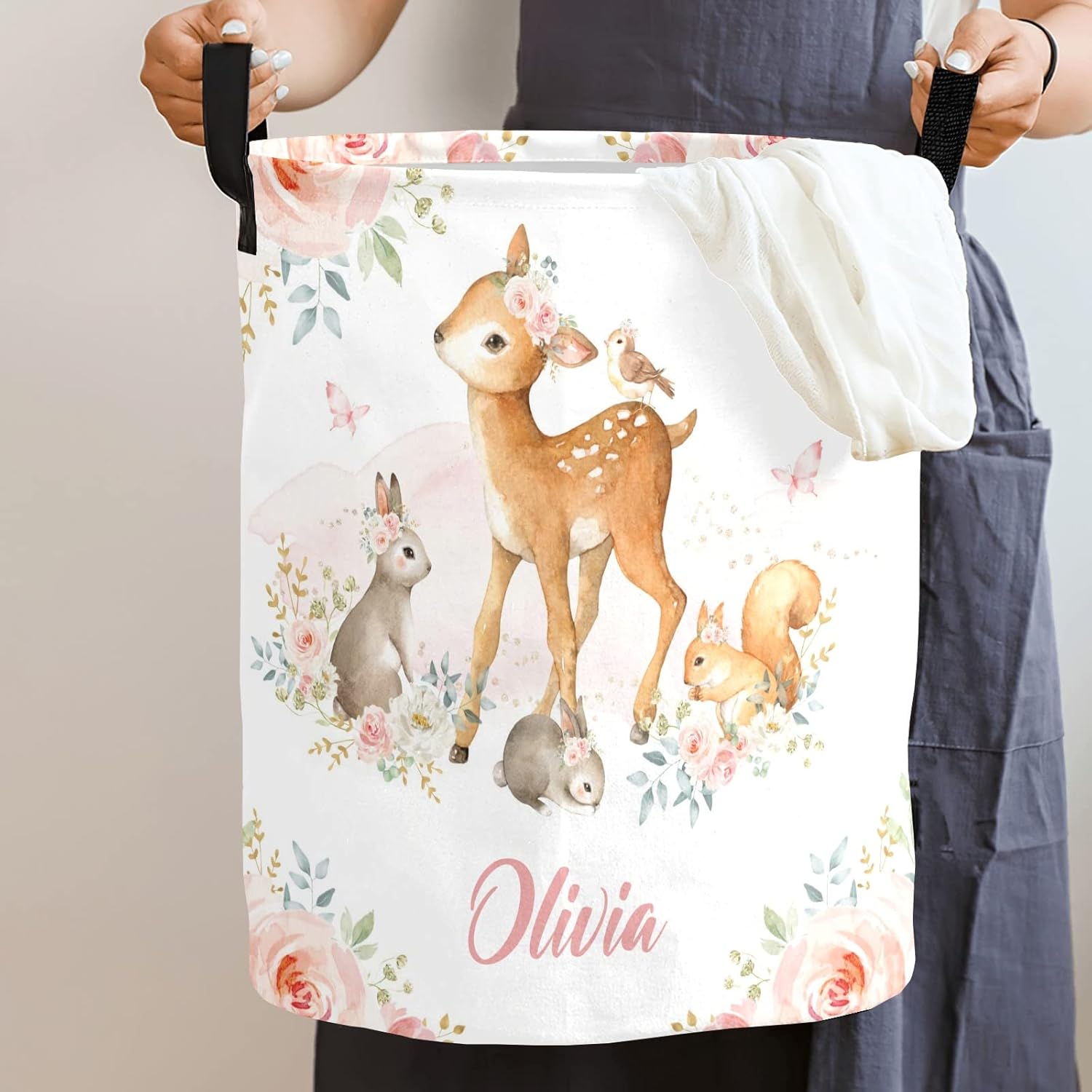 Deer Bunny Floral Pink Woodland Personalized Laundry Basket Clothes Hamper with Handles Waterproof,Collapsible Laundry Storage Baskets Decorative