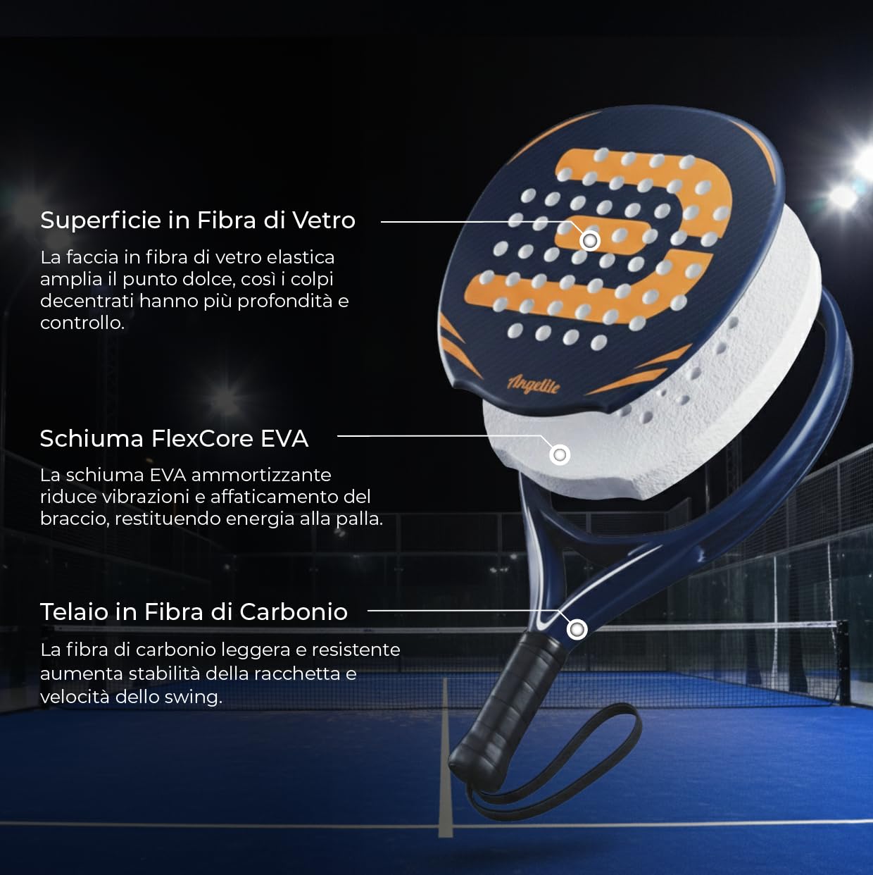 Racchetta da padel Angelite AG1 con 2 anni di garanzia | Telaio leggero e robusto in fibra di carbonio da 360 g, superficie in fibra di vetro e schiuma EVA FlexCore per il massimo controllo