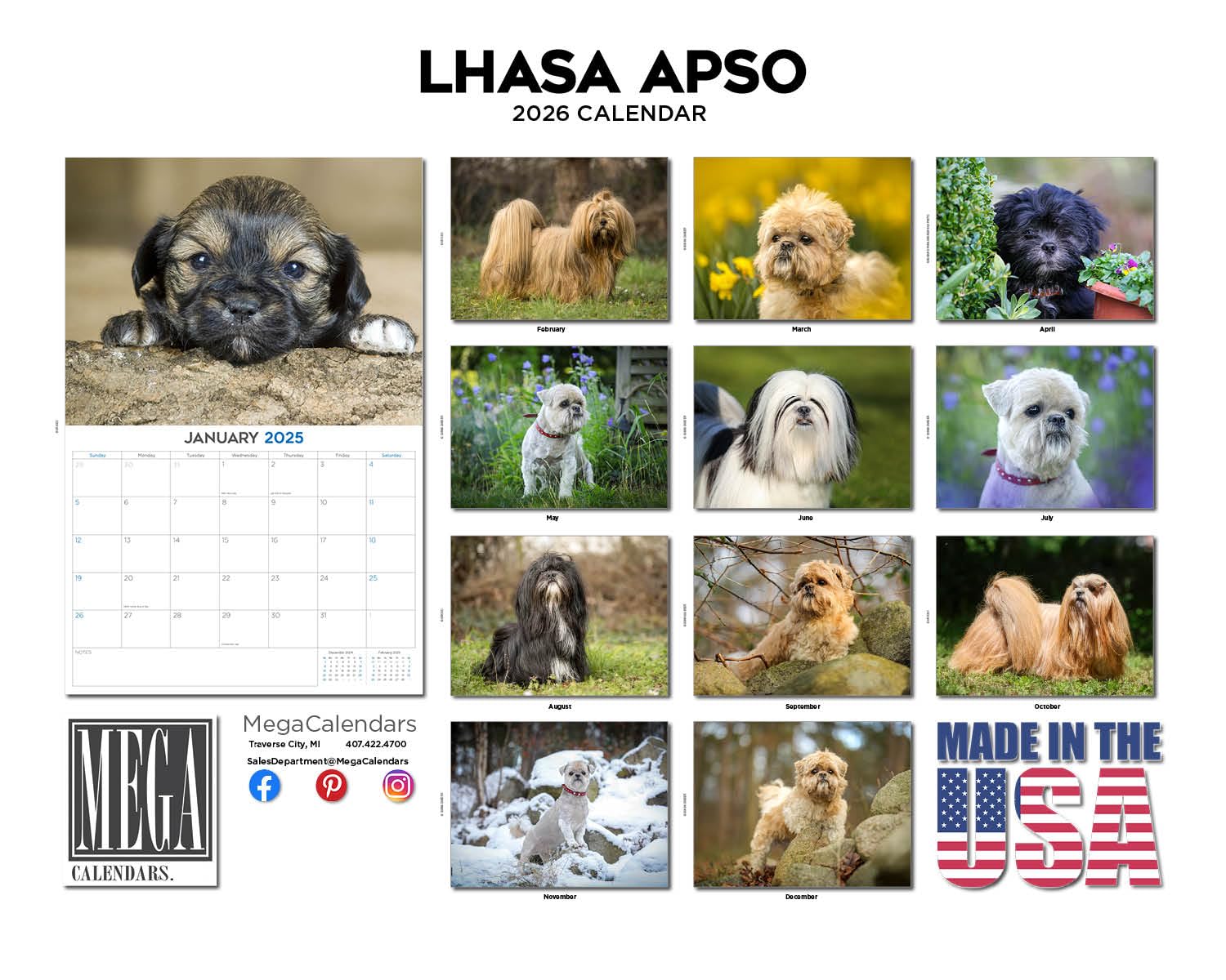 Kalendarz 2024 2025 Lhasa Apso - miesięczny kalendarz ścienny rasy psów - 30 x 45 cm otwarty - gruby papier bez przebarwień - prezent - akademicki planer nauczyciela kalendarz organizowanie i