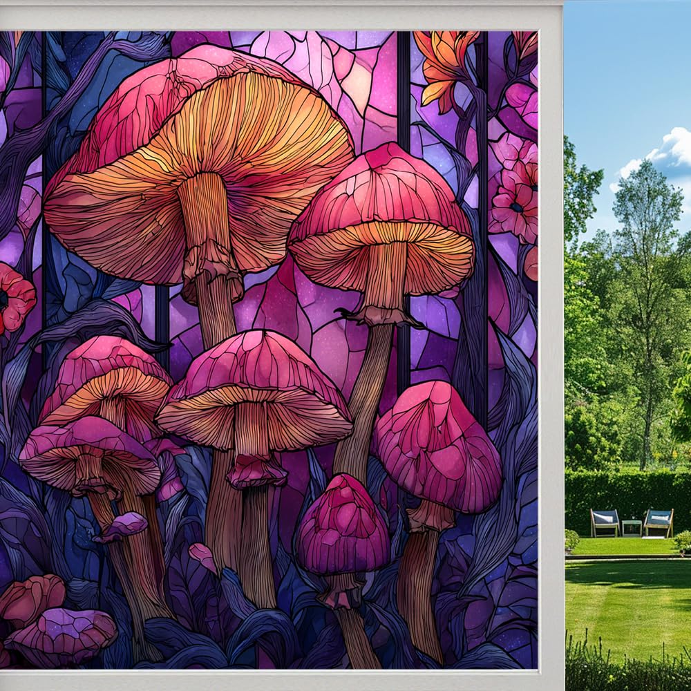 Retro Mushrooms Stained Glass Window Film, Colorful Forest Dreamy Plants Peel and Stick Privacy Film, Frosted Adhesive Vinyl Decorative for Bathroom Windows Glass Doors, （90x140cm）