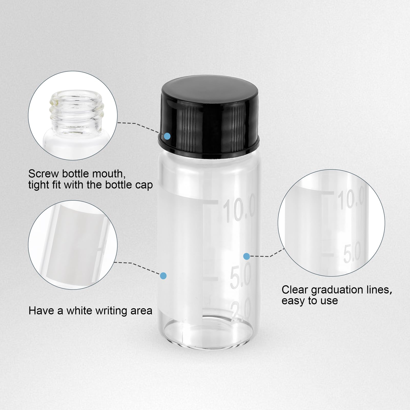 Kesell 10 frascos de vidrio transparente de 10 ml, recipiente pequeño con tapón de rosca, botellas de muestra de líquido con punto de escritura y graduaciones