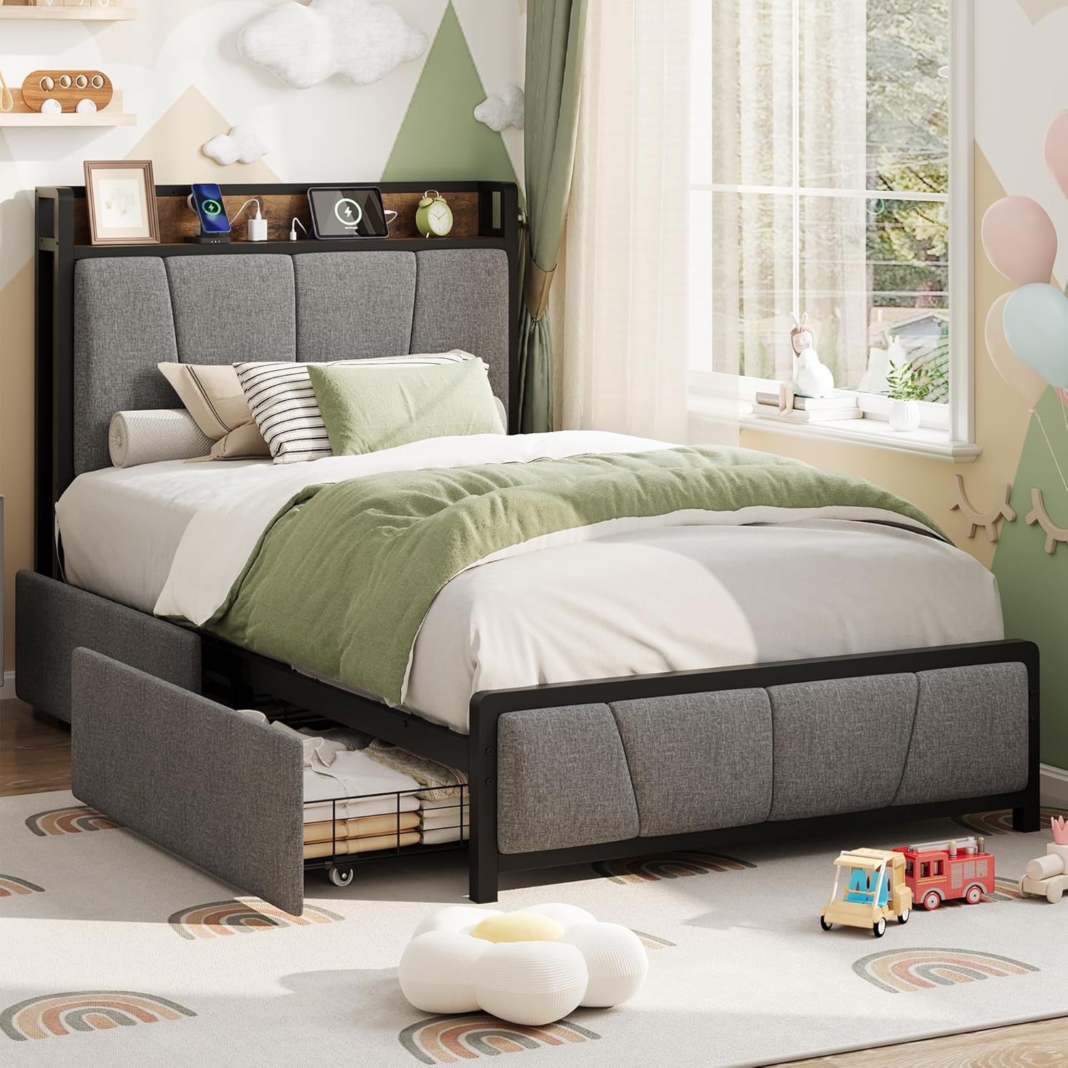 Garvee Twin Upholstered Bed Frame with Dual Storage Drawers and Built-in Charging Ports, Linen Headboard, No Box Spring Needed, Quiet and Stylish
