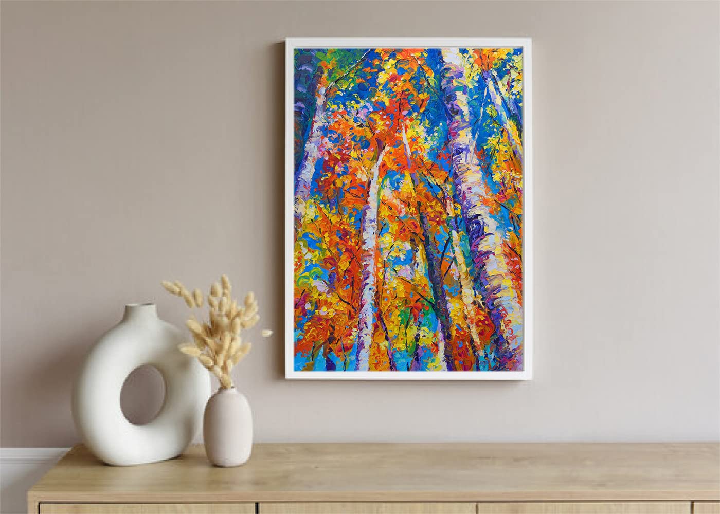 VERRE ART Printed Framed Canvas Painting for Home Decor Office Wall Studio Wall Living Room Decoration (10x14inch White Floater) - Redemption - fall birch and aspen