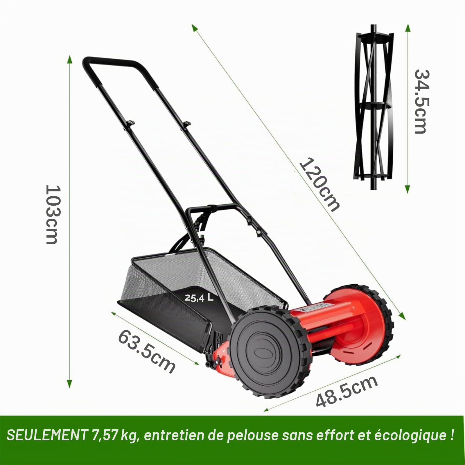 Garvee Tondeuse à Gazon Manuelle, 5 Lames, Hauteur Réglable 1,5-4,5 cm