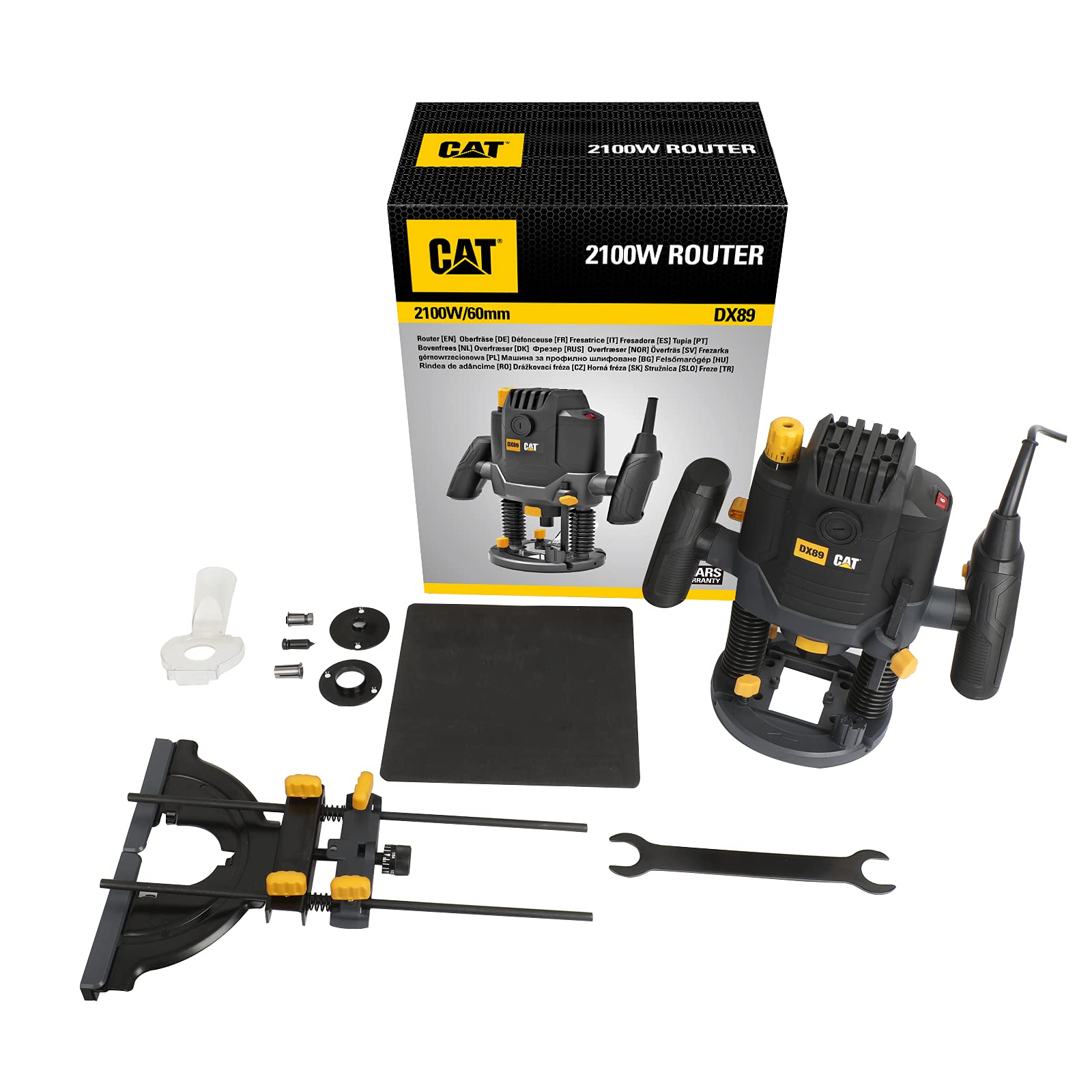 CAT Caterpillar DX89 - frezarka górnowrzecionowa, 3 x tuleja zaciskowa, 2100 W, technologia wrzeciona Lock, w zestawie akcesoria